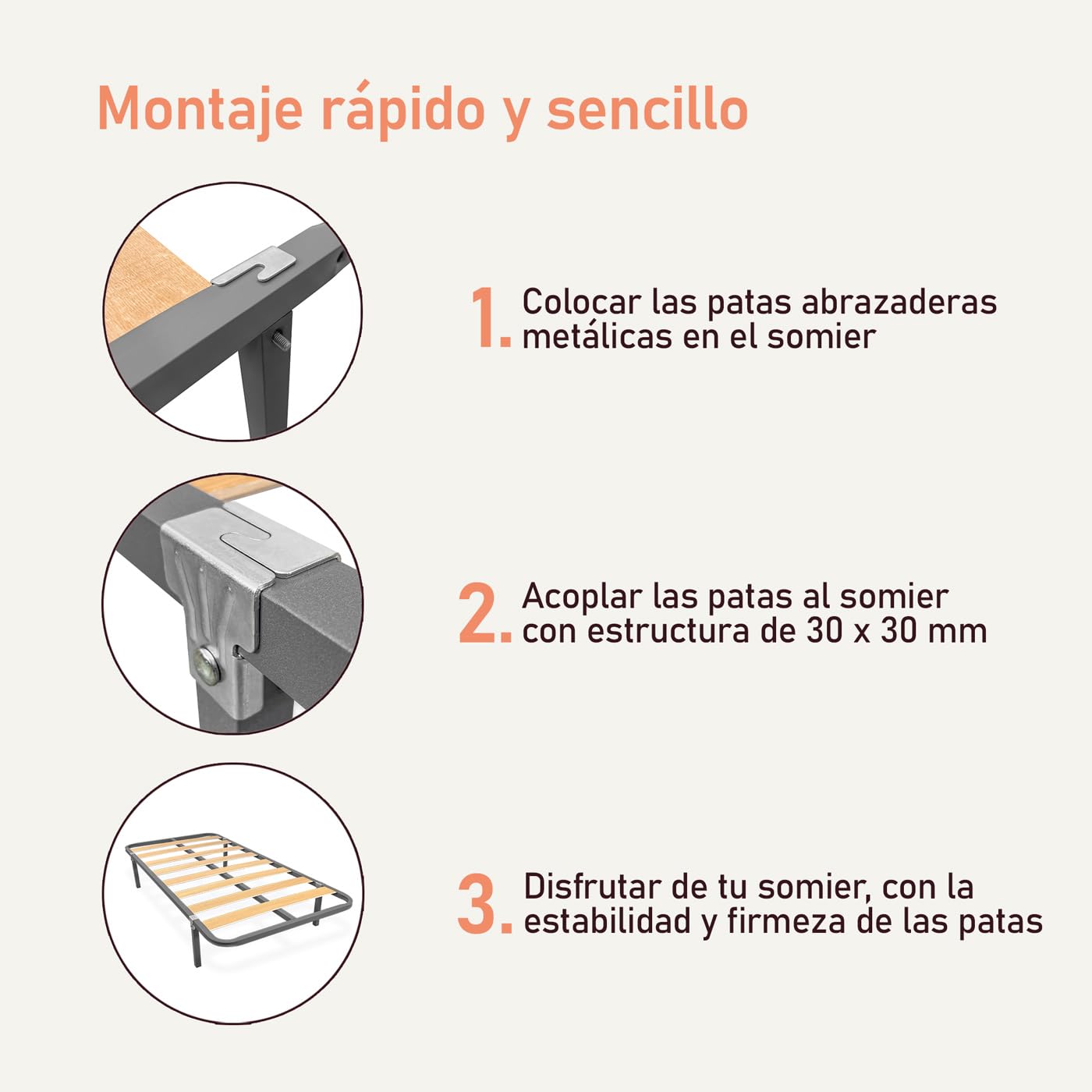 Somier de Láminas Estructura 30x30mm Sin Patas Tubo Acero Pintura Epoxi Gris 90x190
