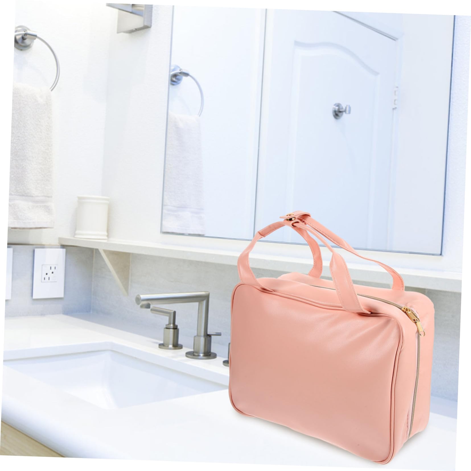 Neceser de Viaje Colgante para Mujer, Bolsa de Maquillaje de PU Rosa Múltiples Compartimentos y Asa, Adecuado para Viaje y Uso Exterior