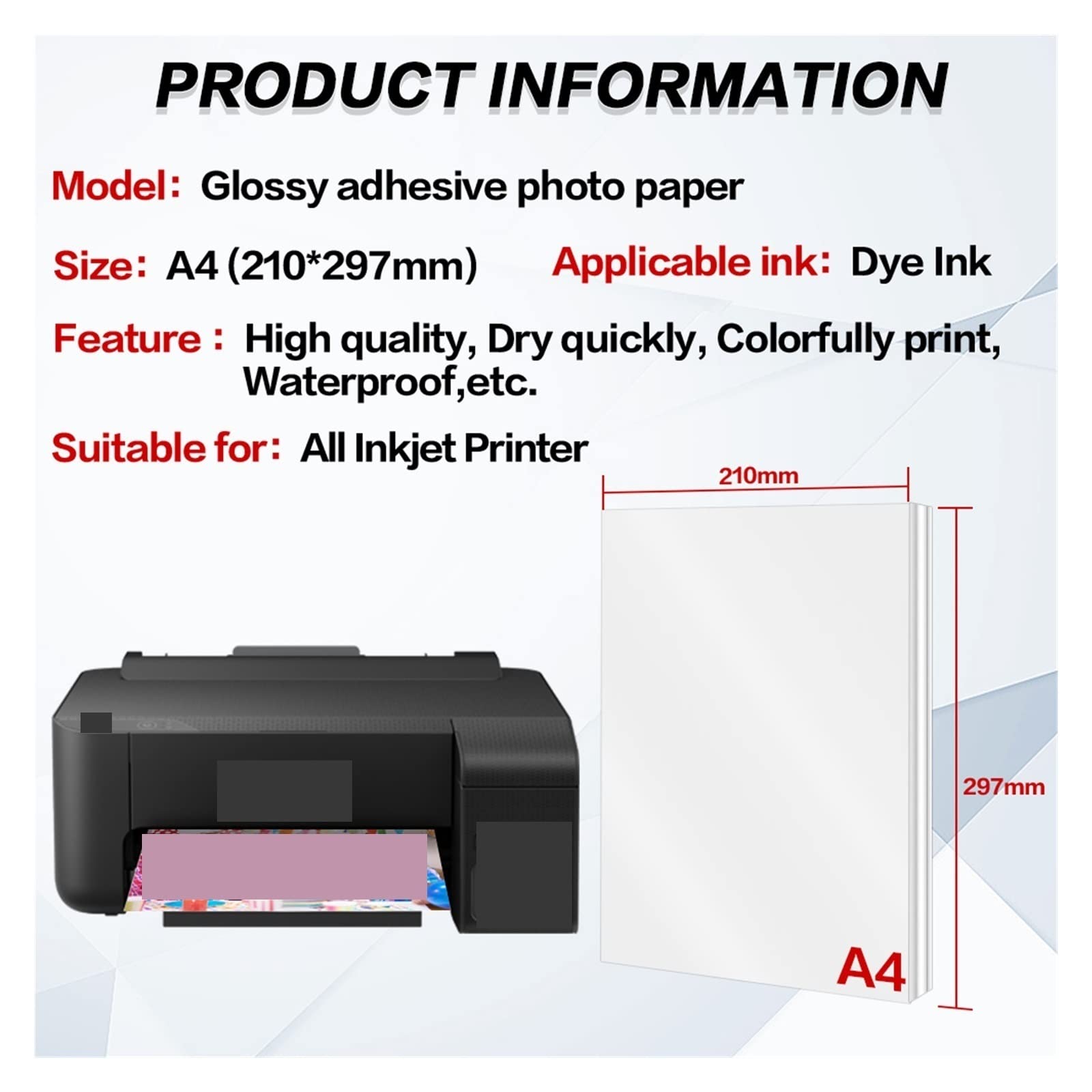 40 arkuszy błyszczący samoprzylepny papier fotograficzny A4 samoprzylepny papier do drukarek atramentowych do drukarek atramentowych wysoki połysk papier fotograficzny Lucky (Color : 20 Sheets