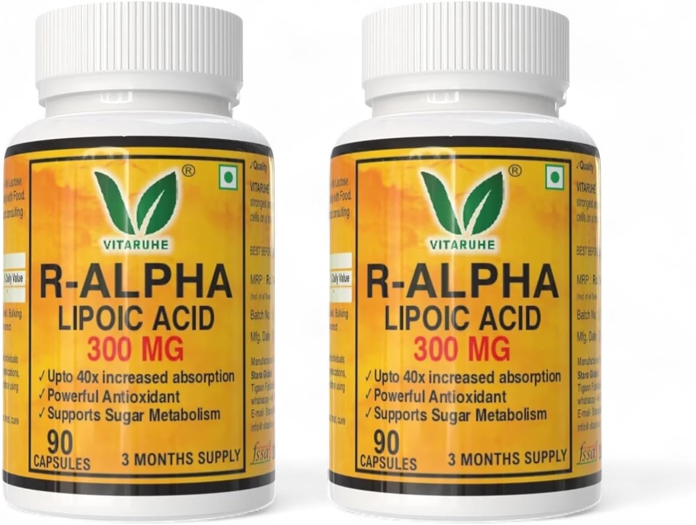 VITARUHE® R-Alpha Lipoic Acid, high Dosage, 300 Mg Per Capsule, Vegan, 3 Month Treatment, Natural Form Of Thioctic Acid, Quality Product, Bioactive dietary supplement without unnecessary additives