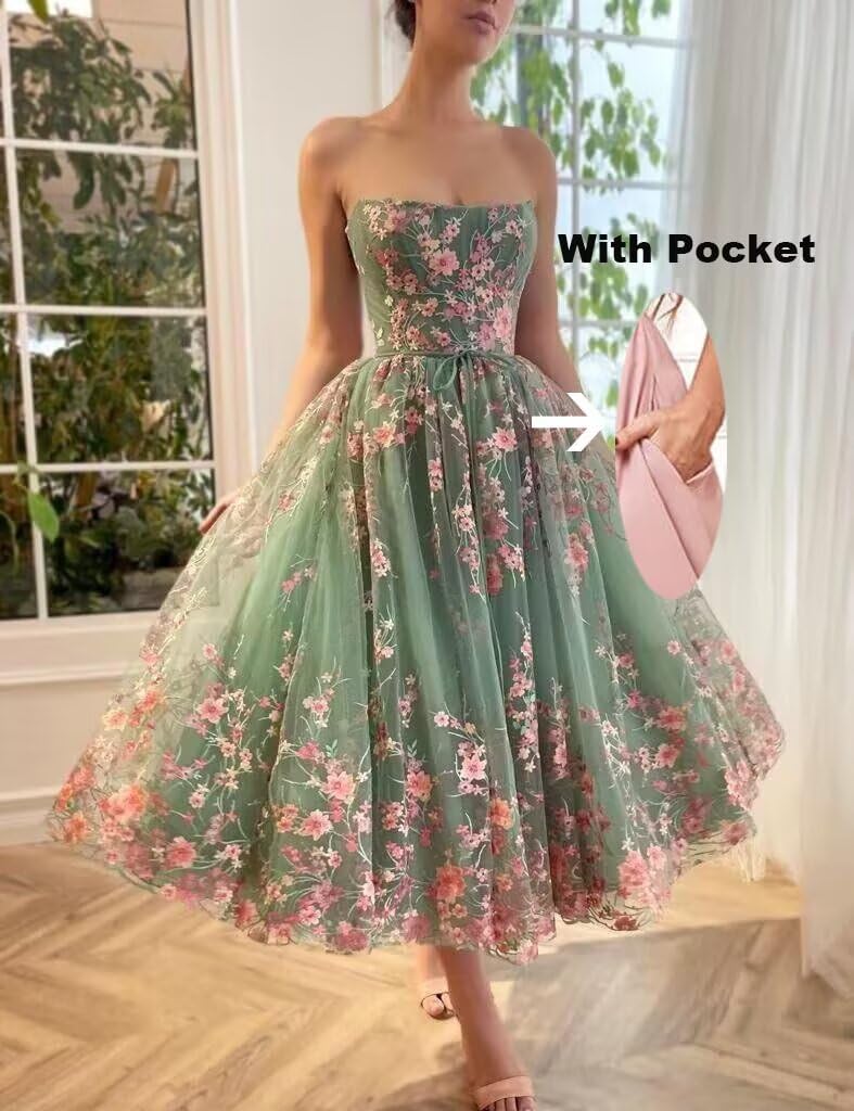 Tea Length Prom Dress for Women A Line Strapless Floral Ball Gown Tulle Formal Evening Gown with Pocket - Image 4