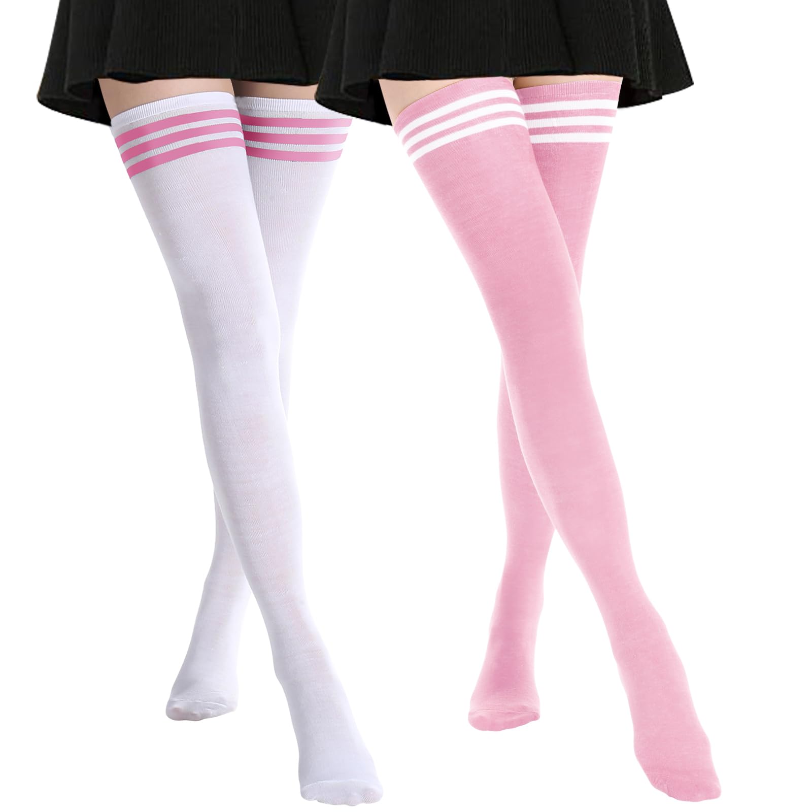 AQOKKA Extra Long Thigh High Socks for Women Striped Long Stockings