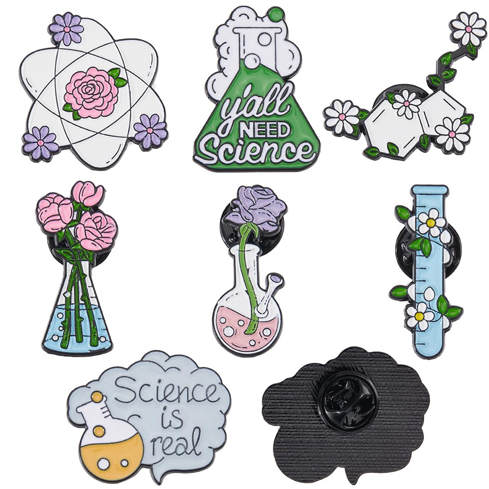 SUNNYCLUE 1 Box 14Pcs 7 Styles Chemistry Pins Bulk Science Brooch Metal Alloy Enamel Cartoon Scientist Chemistry Flower Laboratory Bottle Lapel Pin