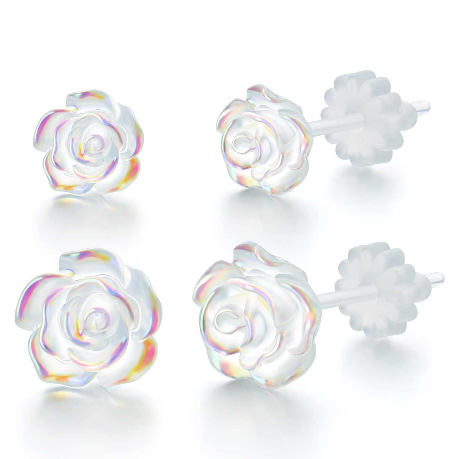 Plastic Post Earrings for Sensitive Ears, KMEOSCH 2 Pairs (6mm & 8mm) Clear 3D Rose Non-metal Fully Plastic Stud Earrings for Women - Unique, Elegant Comfortable, Chic, Light