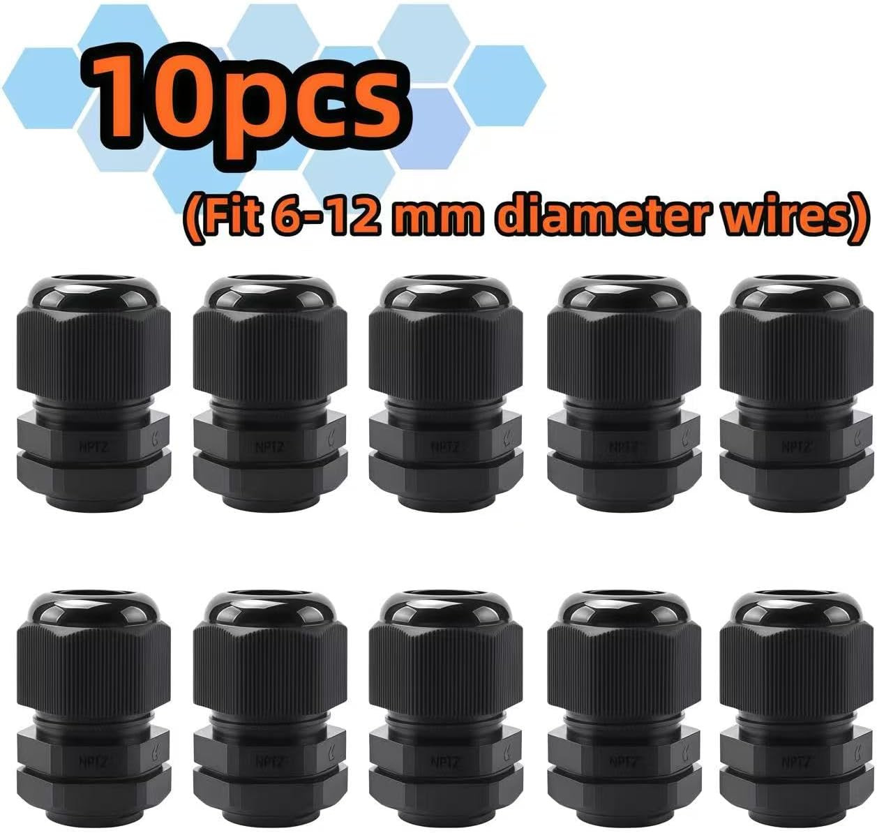 10 Pcs 1/2 NPT Black Nylon PA66 IP68 Waterproof Adjustable Cable Glands with Gaskets & Locknut - Strain Relief Cord Grip Connector, Wire Grommet for Electrical Boxes, Conduits & Fittings (6-12mm)