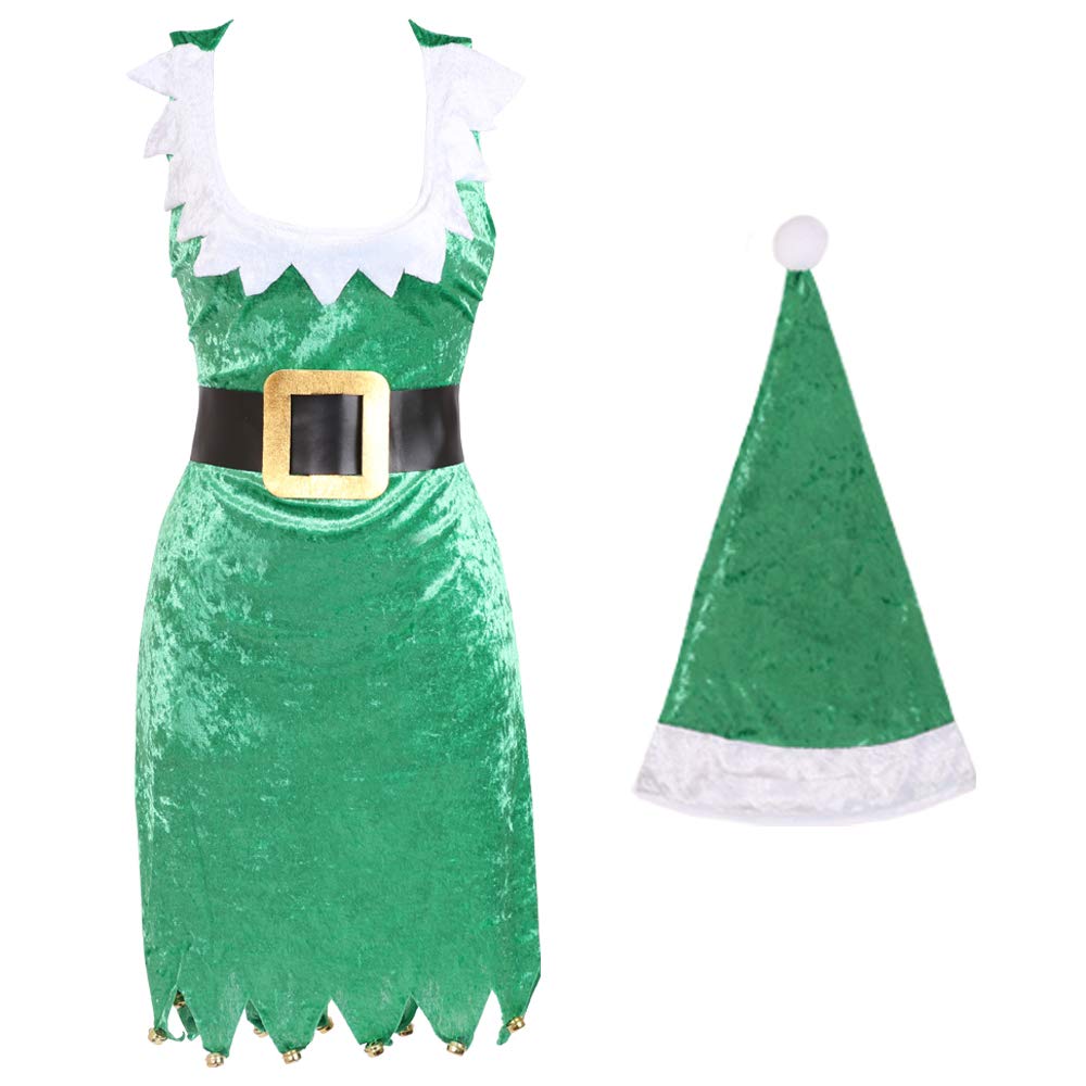 DISFRAZ DE ELFO SOBRE LOS HOMBROS DE SANTA CLAUS - INCLUYE: TRAJE DE PAPÁ NOEL DE UNA PIEZA DE LUJO CON PIERNAS AFELPADO, VESTIDO DE ELFO VERDE, CINTURÓN, COLLAR Y GORRO NAVIDEÑO - GRANDE