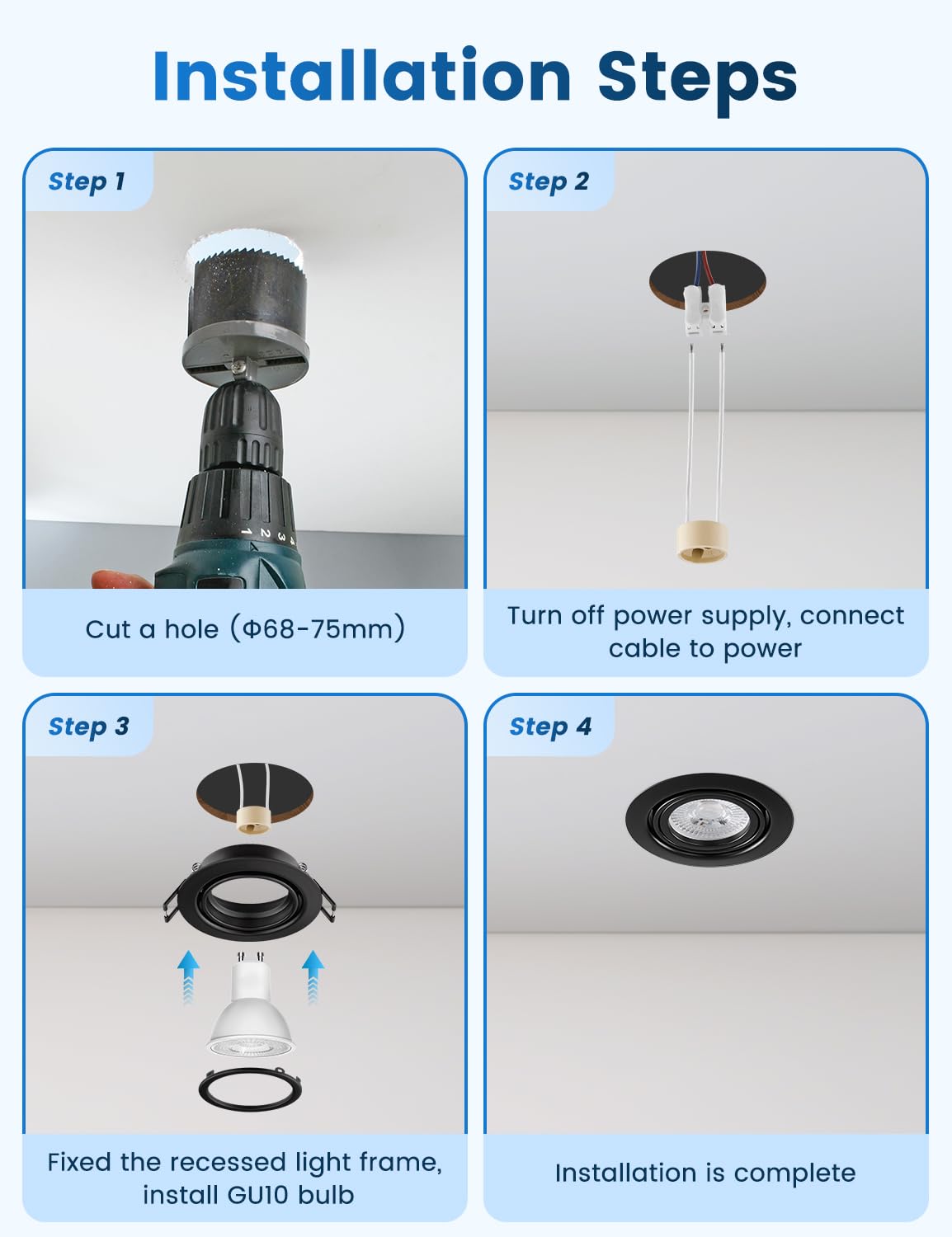 Einbaustrahler GU10 Set, 10x Schwenkbar Einbaurahmen 68mm mit GU10 Fassung, LED Spots 230V Rund Flach Deckenspots, Einbauspots Einbauleuchten Rahmen Matt Schwarz für LED oder Halogen Lampe
