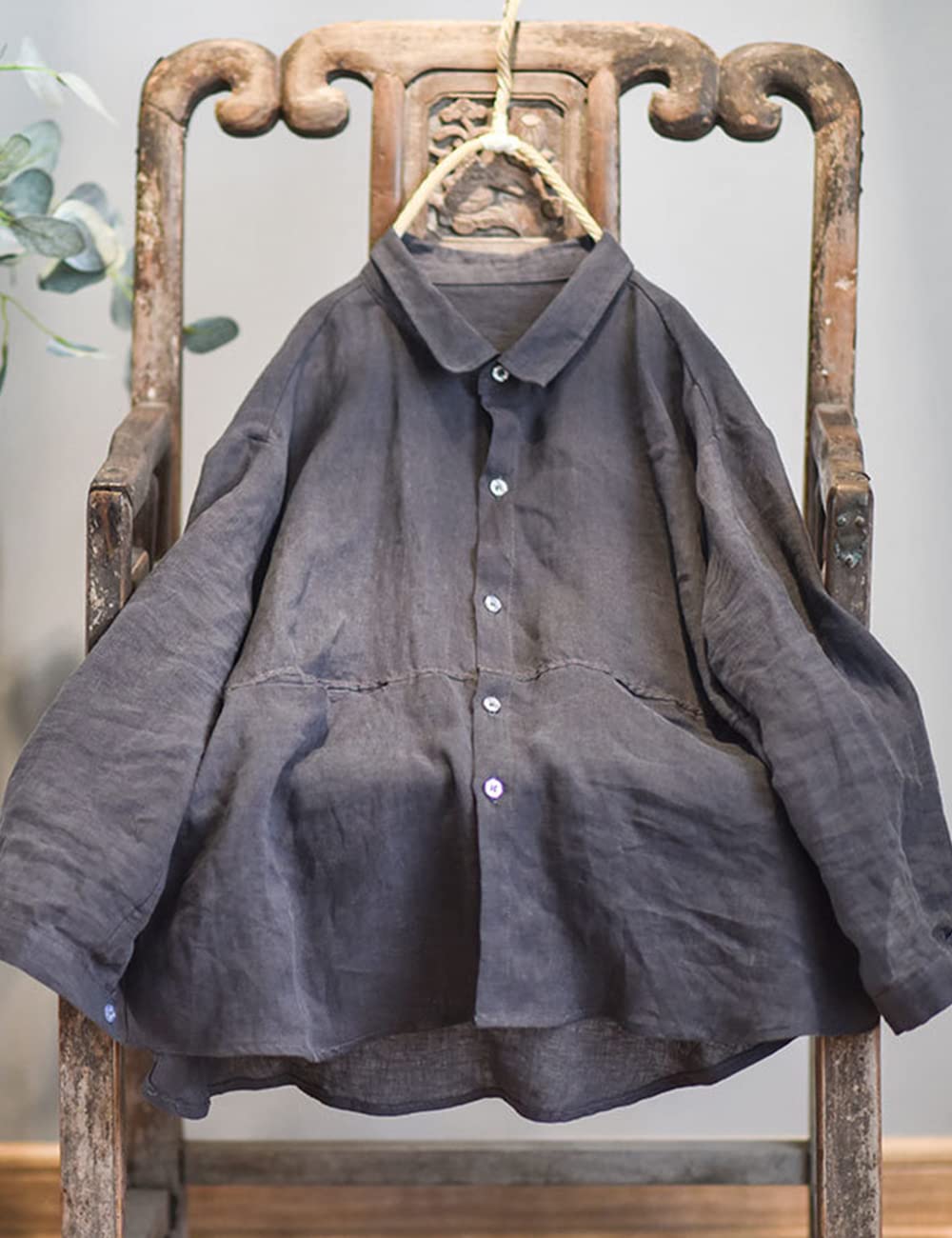 NFYM Damen-Hemd aus Flachs, Leinen, Knopfleiste, handgefertigt, lange Ärmel, lockere Passform, Kragen, Bluse mit Tasche, GRAU, Einheitsgröße