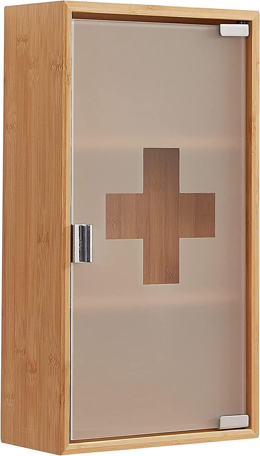 Zedelmaier Medizinschrank aus Bambus, hängeschrank, Hausapotheke, Erste Hilfe Schrank, Glastür mit Magnetverschluss，Arzneischrank 3 Fächer，12T x 27B x 48H cm