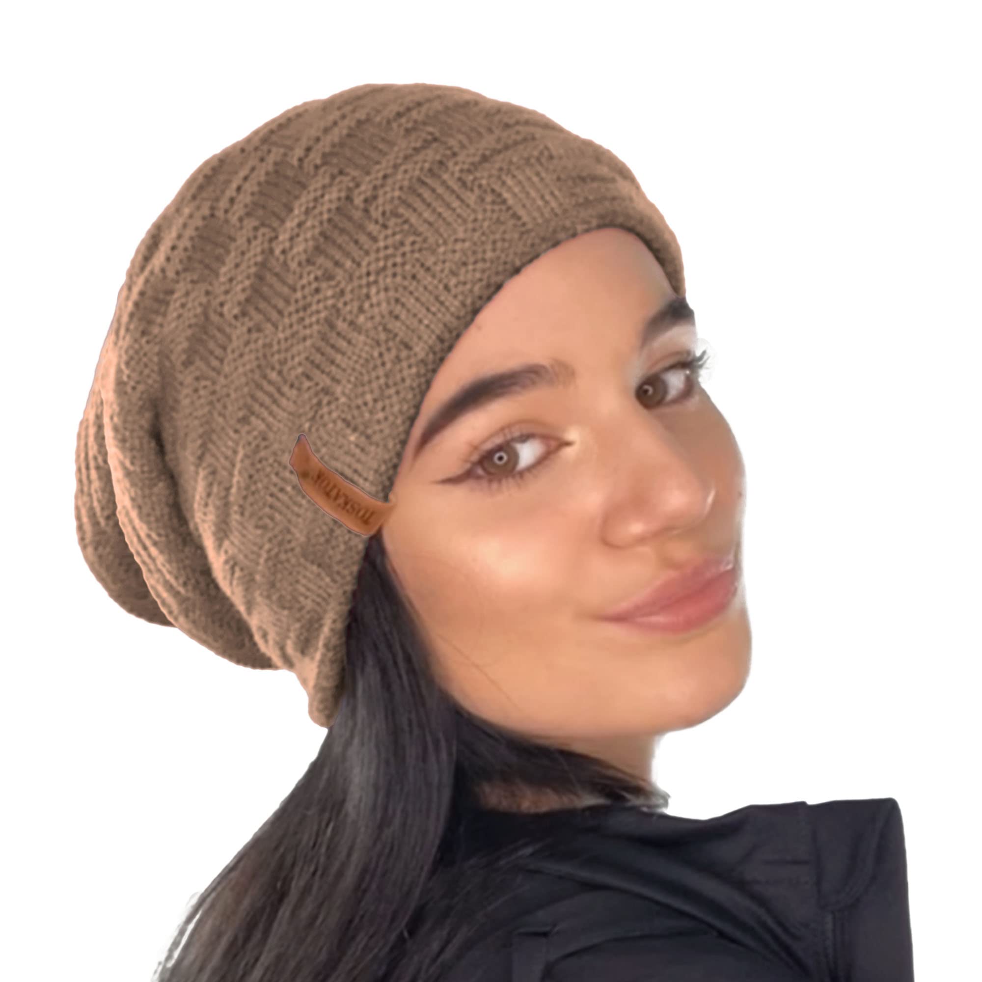 Toskatok Women's Camel Toskatok® Mens Unisex Warm Winter Textured Knit Slouch Beanie Hat With Cosy Faux Fur Teddy Fleece Liner