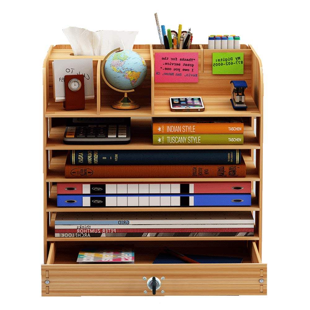 Ecent Organizador de escritorio multifuncional de madera + caja de toallas + soporte para bolígrafo + cajón con cerradura porta documento para oficina o casa biblioteca