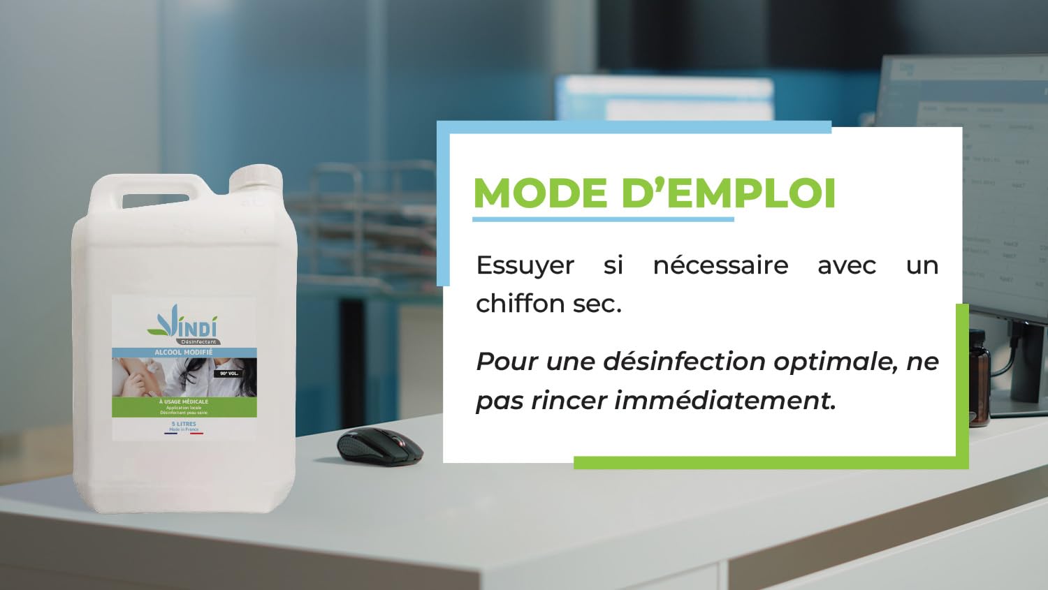 Vindi Désinfectant Alcool modifié 90°- Bidon de 5L - Fabrication Française - Désinfection peau saine et ustensiles médicaux