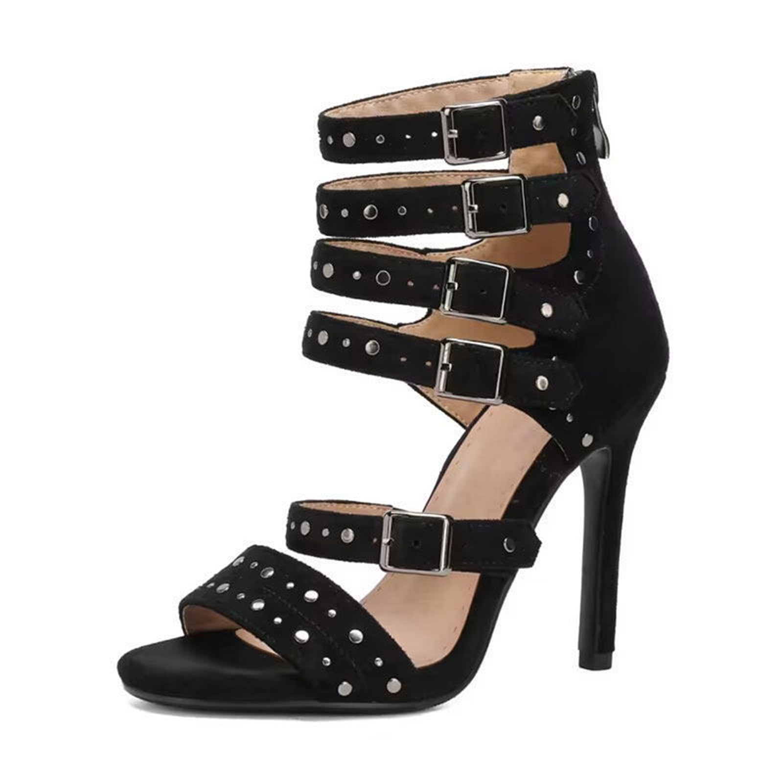 Sandali con Tacco Alto da Donna 11CM con Borchie, Multi Fibbia, Punta Aperta, Gladiatore, Tacco a Spillo per Festa e Club