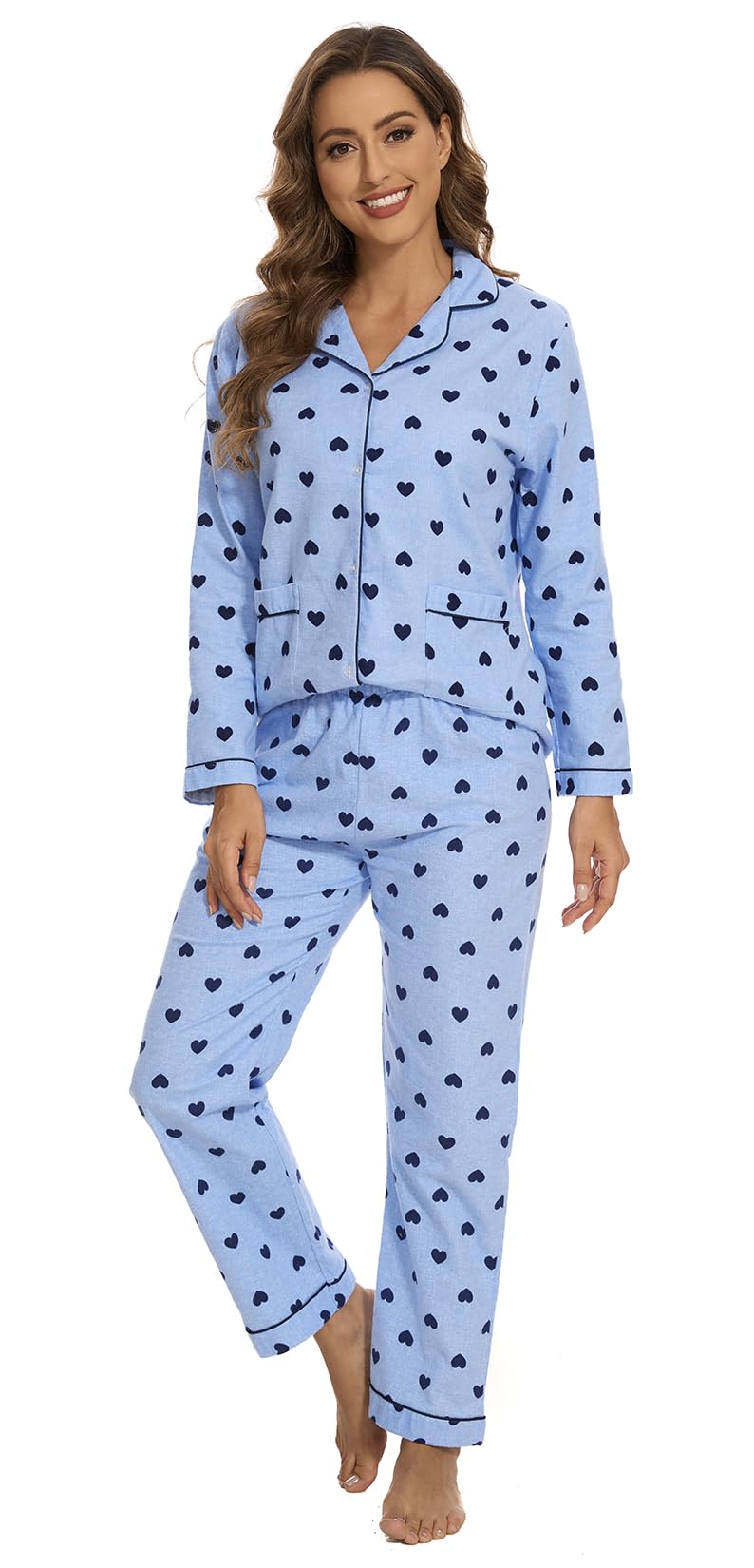 CHUNG Women Flannel Pajamas Set Brushed Cotton Button Tops Pants S-XL Sleepwear Loungewear Cozy Warm Winter