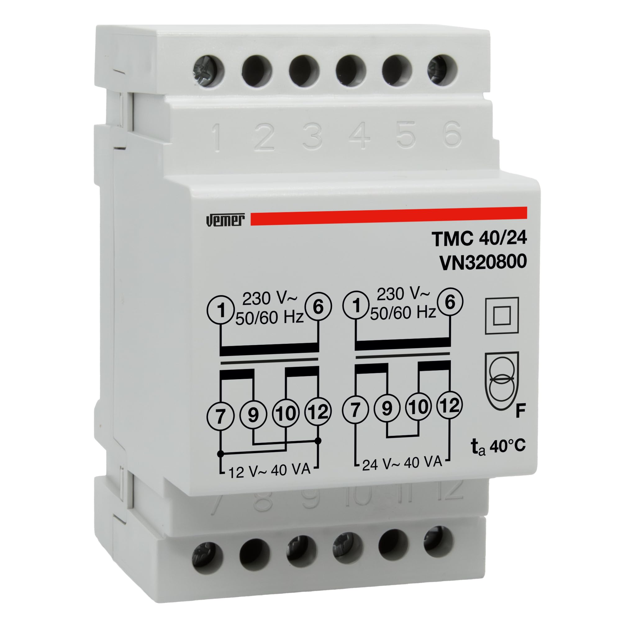 VEMER VN320800 TMC 40/24 - Trasformatore 24V per Servizio Continuo, Installazione su Barra DIN, Potenza 40V, Bianco