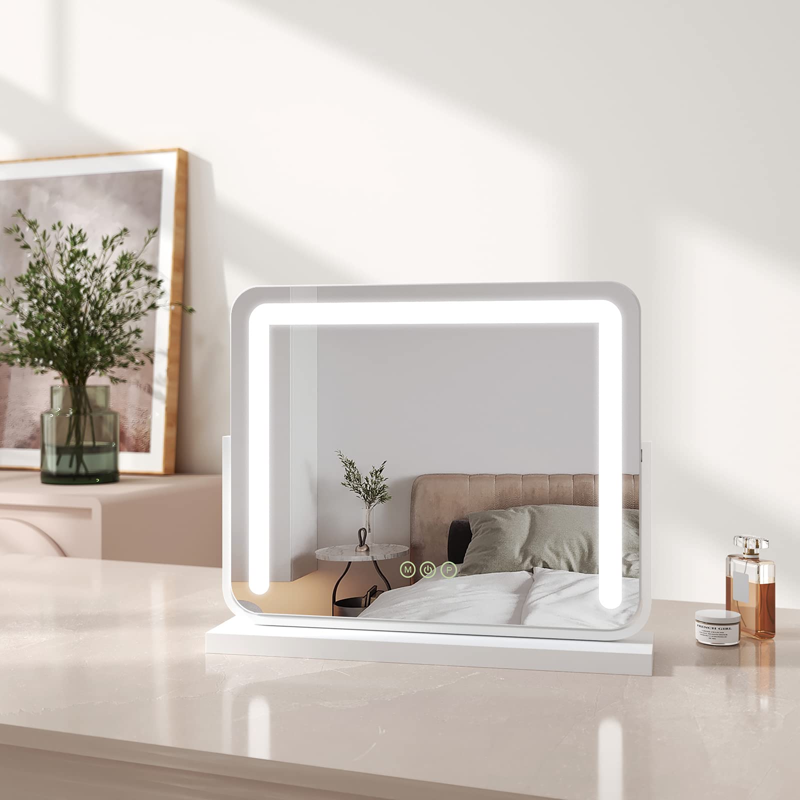 EMKE Espejo Maquillaje con luz 50 x 41.6 cm,Espejo Hollywood con LED Interruptor táctil+función de Memoria+3 Colores de luz,Espejo Maquillaje Regulable Ajustable 360° Giratorio (Blanco)