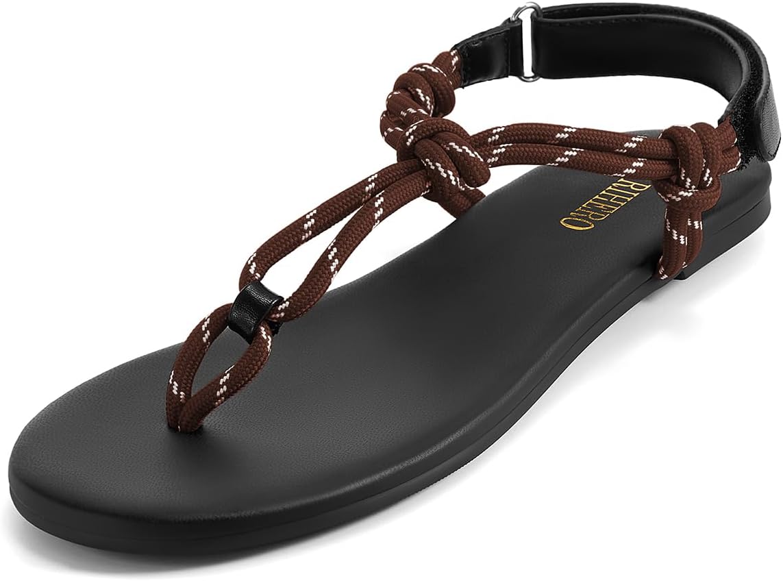 Rihero Rope Thong Sandals for Women Ankle Strap Slip On Comfortable Beach Flat Sandals