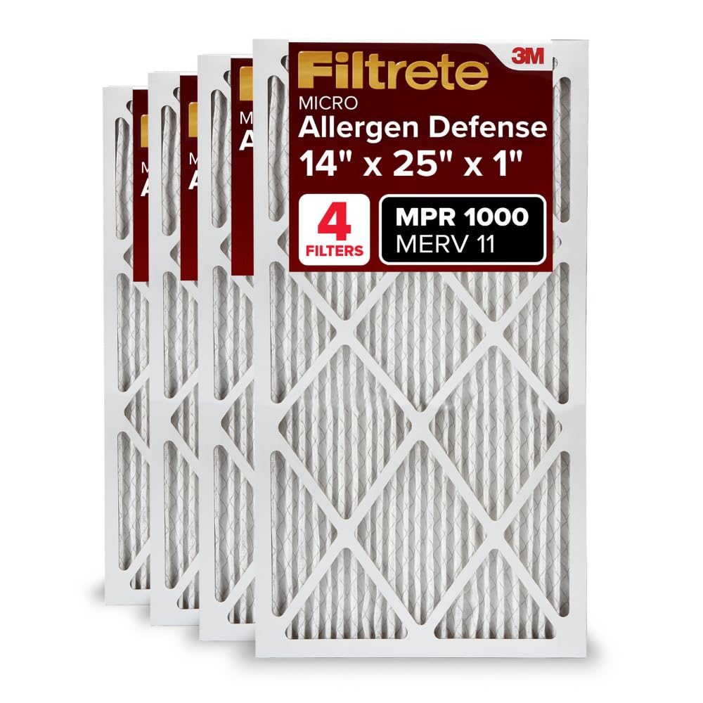 Filtrete 14x25x1 AC Furnace Air Filter, MERV 11, MPR 1000, Micro Allergen Defense, 3-Month Pleated 1-Inch Electrostatic Air Cleaning Filter, 4 Pack (Actual Size 13.81 x 24.81 x 0.81 inch)