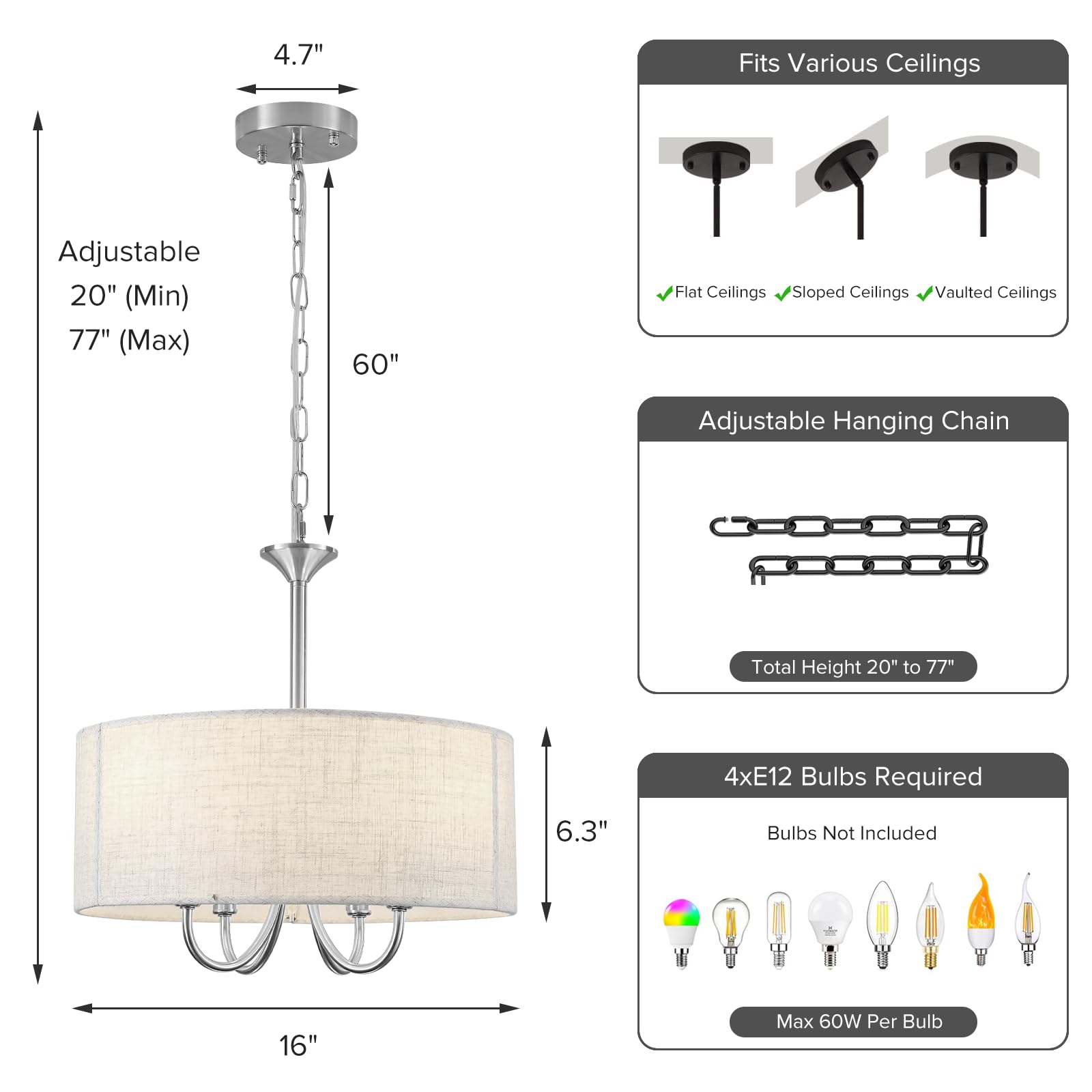 4-Light 16'' Drum Chandelier Review: Modern Farmhouse Linen Brushed Nickel Light 3 4-Light Modern Chandeliers for Dining Room, 16'' Drum Chandelier Light Fixture, Farmhouse Hanging Linen Drum Chandelier Pendant Ceiling Light Fixture for Foyer Entryway Living Room, Brushed Nickel - Additional View