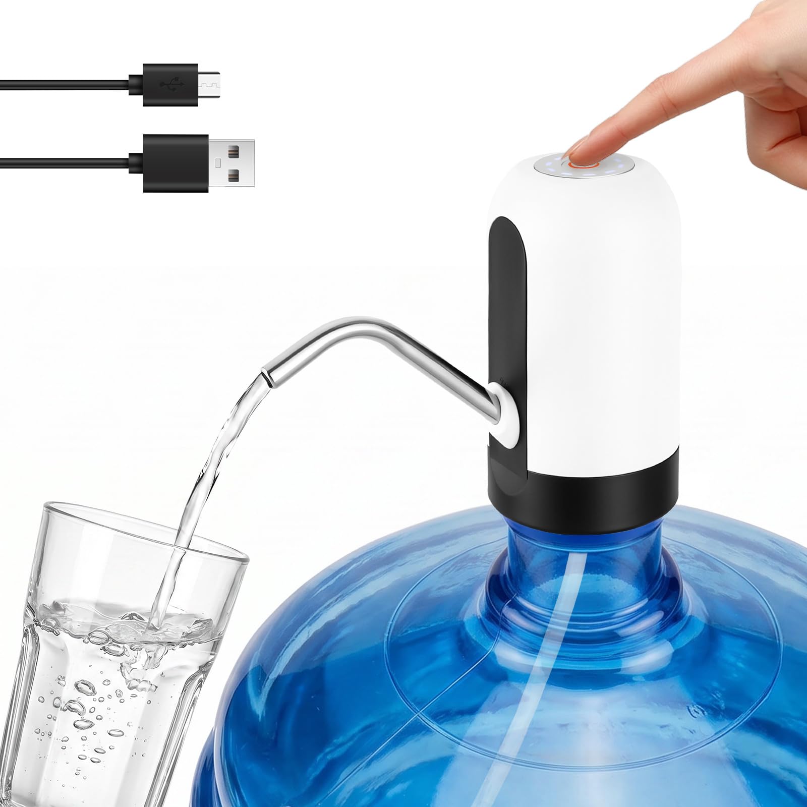 Electric Water Bottle Pump, USB Rechargeable, 2-5 Gallon, White