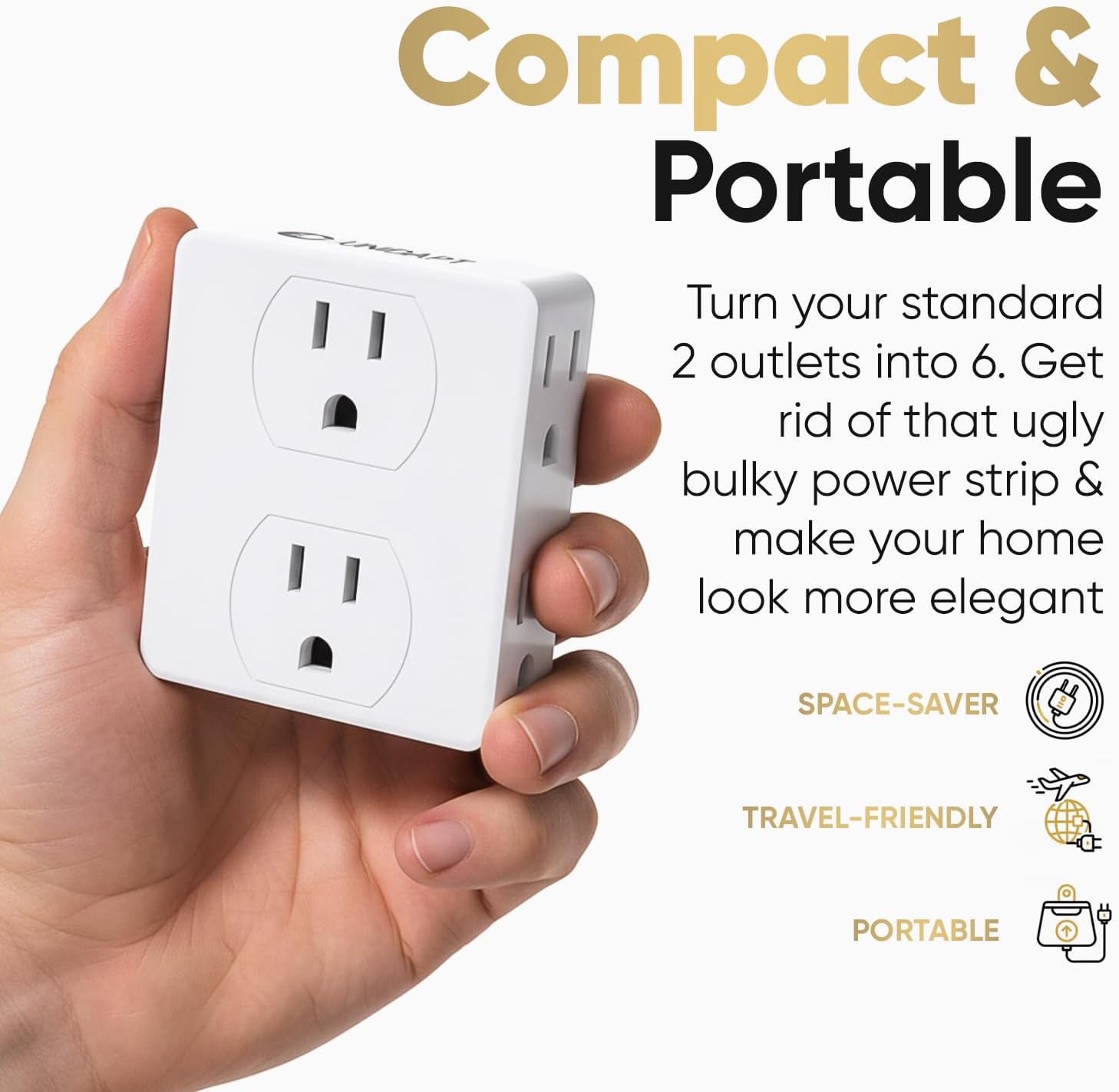 Multi Plug Outlet Splitter, Unidapt Multiple Outlets Extender Adapter with 6 AC Power Socket, Side Splitter Box, Wall Tap Plug Expander for Home Hotel Office Dorm Essentials 1-Pack, White