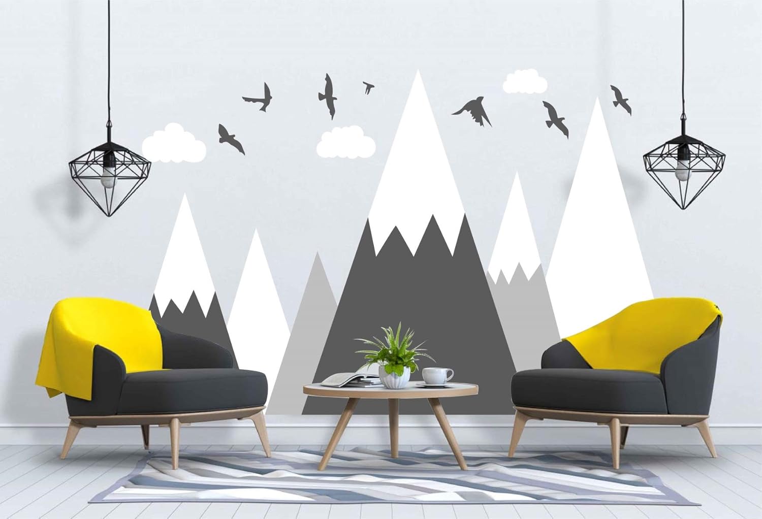 Mountain Wall Decal Baby Room Nursery Adventure Theme Cloud Birds Vinyl Wall Stickers BA972 (Color 2-Grey, 71X43.inches)