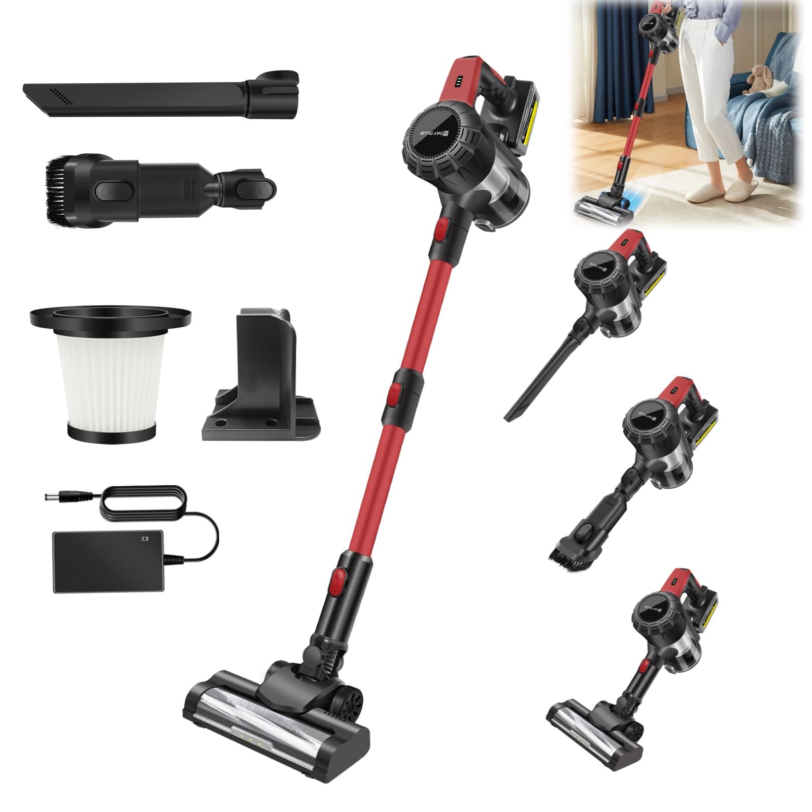 Aspirateur Balai sans Fil 3-en-1 Ultra Puissant – 65 Min Autonomie,15Kpa Aspiration,Brosse Motorisée Anti-Poils d'Animaux,Léger & Silencieux – Parfait pour Sols Durs,Tapis et Voiture (Filtre Lavable)