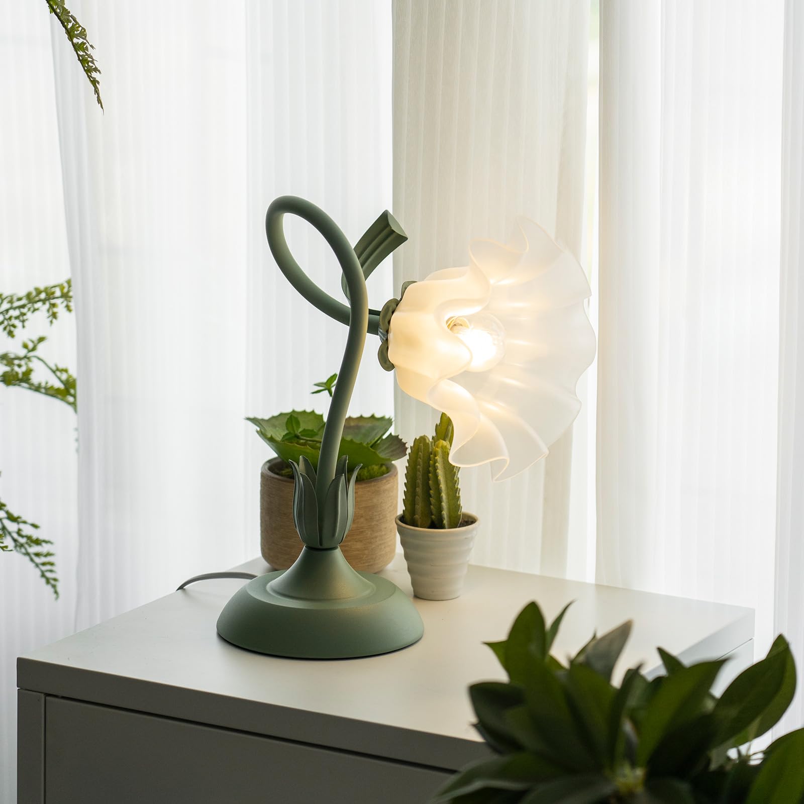 Fiori Lampada da Comodino,Flessibile DIY Lampada da Tavolo con 3-Luci,Lampada da Scrivania da Lettura Moderno Dimmerabile,Lampada da Comodino per Ragazze,Soggiorno,Camera Da Letto,Verde.