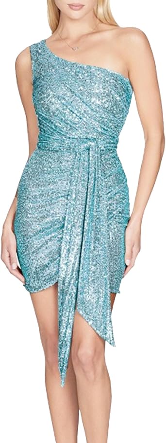 JEKE-DG Womens Tie Waist Bodycon Cocktail Party Dress One Shoulder Sexy Slim Fit Dress Sequin Sparkly Ruched Dresses