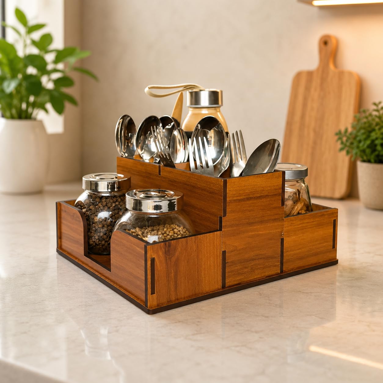 Wooden Cutlery Stand with Tissue Holder - Kitchen Organizer -8