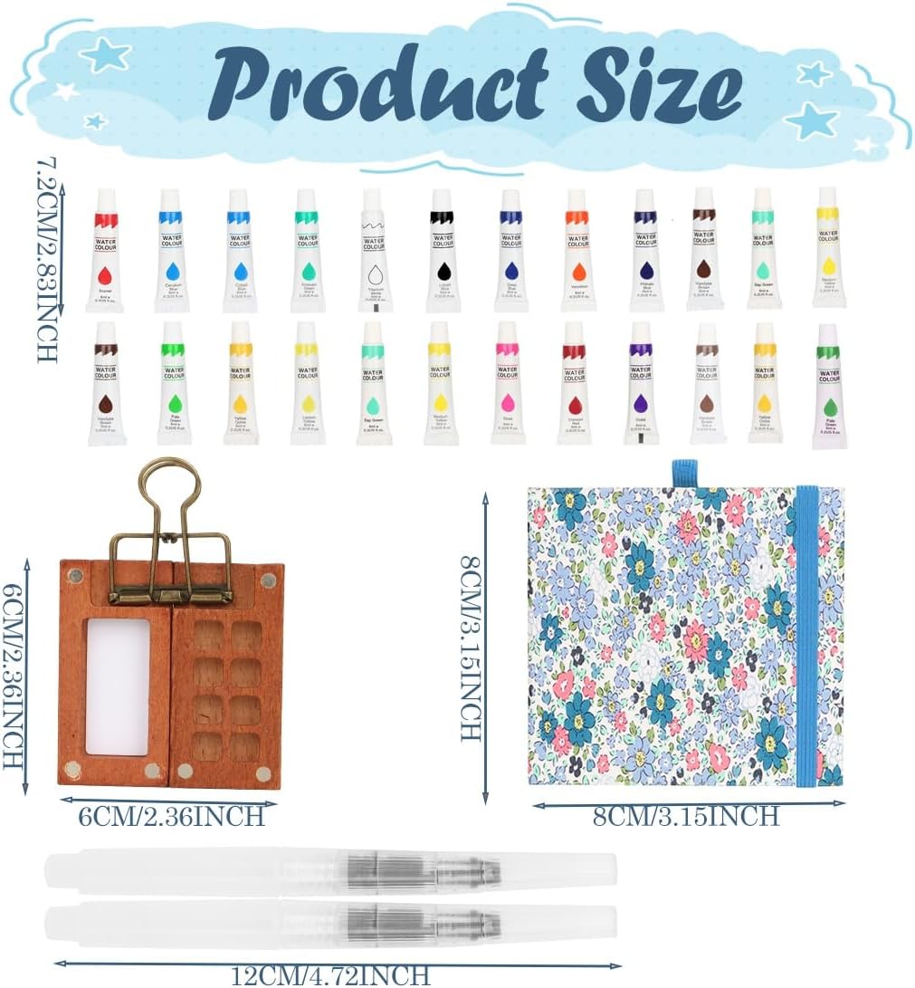 Mini Watercolor Paint Set, Watercolor Kit, Mini Watercolor Travel Set with Wooden 8-Grid Palette, 24 Colors Paint, 2 Brushes, Copper Clip & Sketchbook for Travel Painting - Image 2
