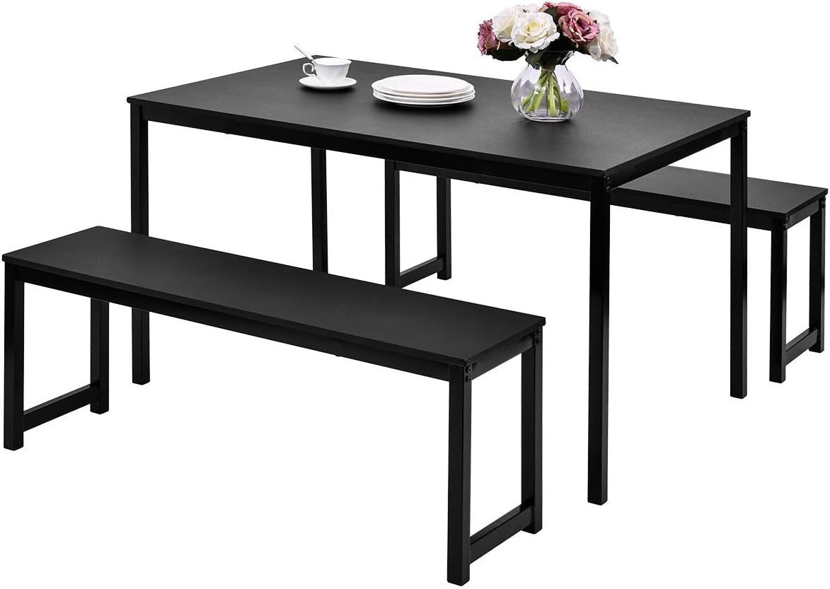 JULYFOXDining Room Set with Bench, 3 Piece Modern Rectangular Dining Tables and Chairs Set for 4-Metal and Wood for Small Spaces Black