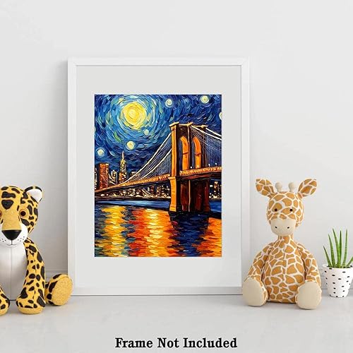 Miniatura 4 de Bestbuddy Pet 8X10 Noche estrellada sin marco Puente de Brooklyn Monumento de Nueva York Famosa Arquitectura Tour Mundial Pintura al óleo Familiar