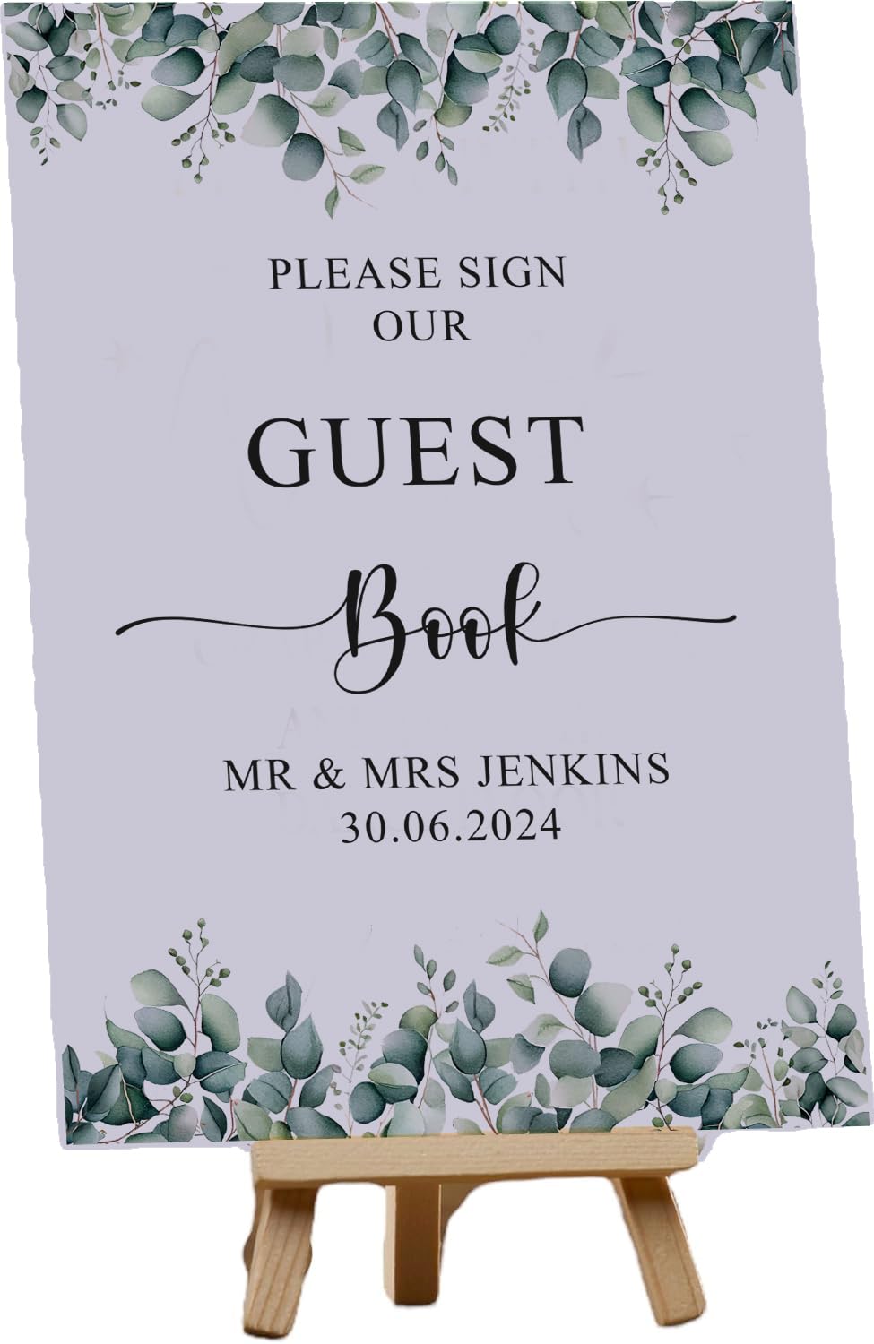 Wedding Guest Book Sign customised with Eucalyptus Leaves (Printed Card and Easel)