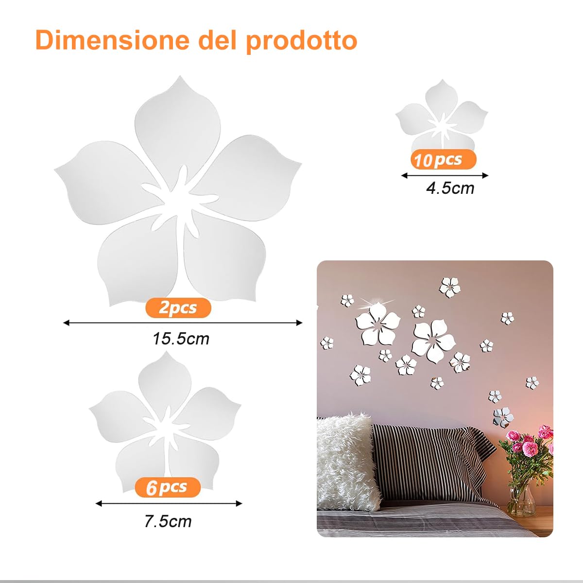 Adesivi Murali Floreali di Cristallo 3D, Removibile Adesivi da Parete a Specchio per Camera da Letto Bagno