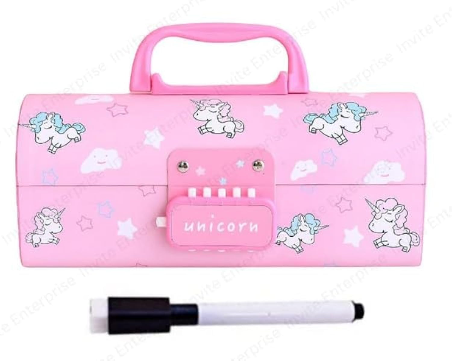 Invite Enterprise Plastic Pen & Pencil Box | Suitcase Style Password Lock Case, Multi-Layer for Kids, Boys, Girls, Stationary Organizer, Return Gift (Unicorn-Pink)