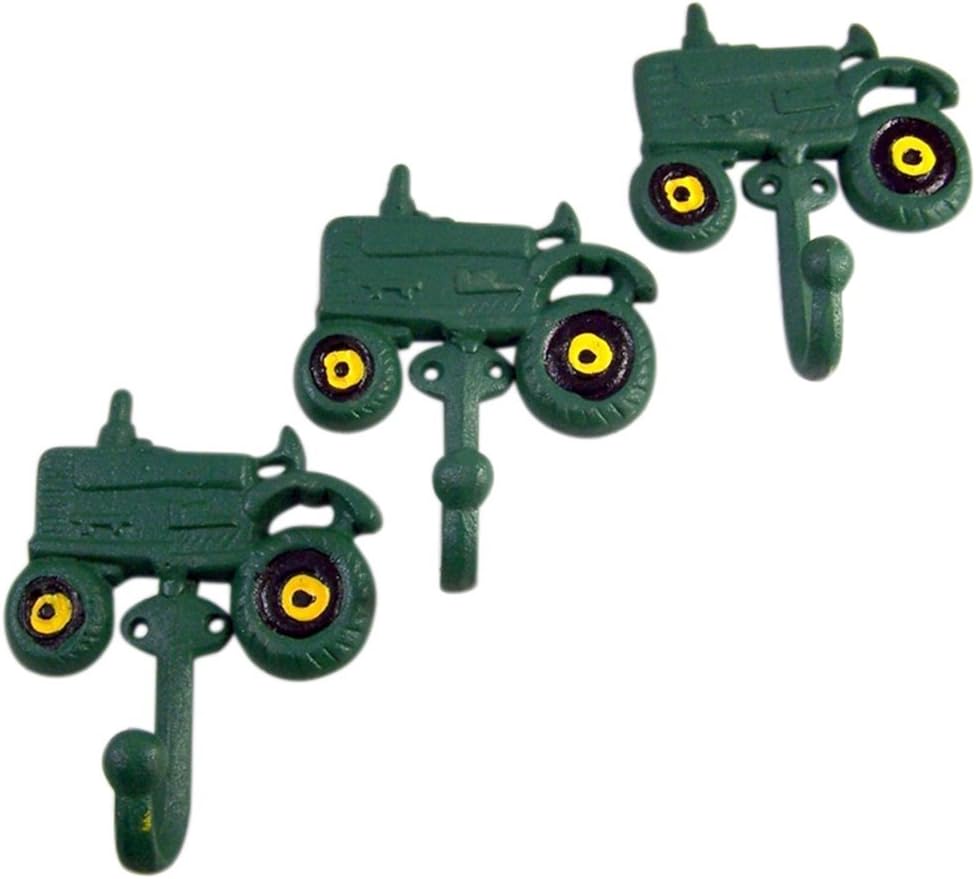 Rural Green Tractor Cast Iron Wall Hook 4 Inch (Set of 3)