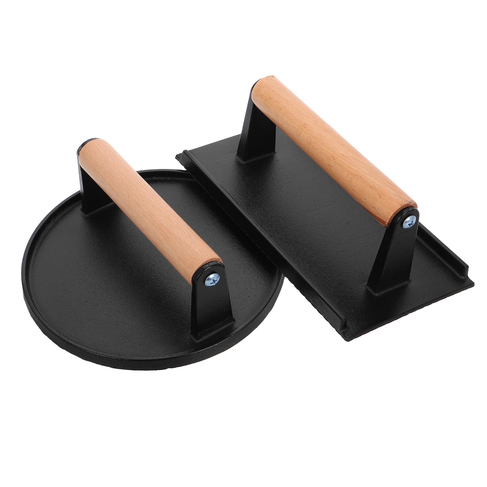 Prensa de Hamburguesas Juego de 2 Piezas con Mango de Madera de Hierro Fundido Rectangular y Redonda, Diseño Antiadherente para Cocina y Parrilla