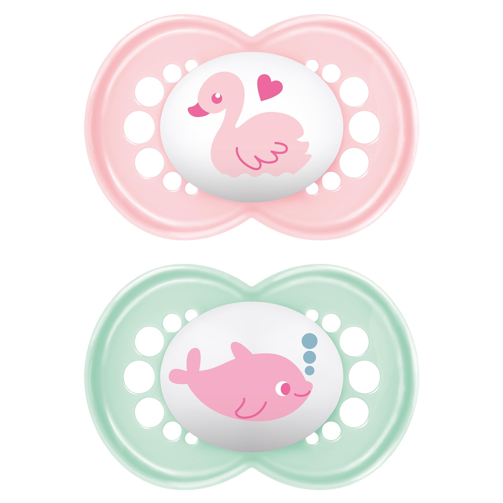 MAM Original Succhietto 6+ Mesi (Set da 2), Ciuccio MAM 6-16 mesi con tettarella ortodontica in caucciù, Kit da 2 accessori neonato con pratico porta ciuccio sterilizzatore, Rosa/Verde