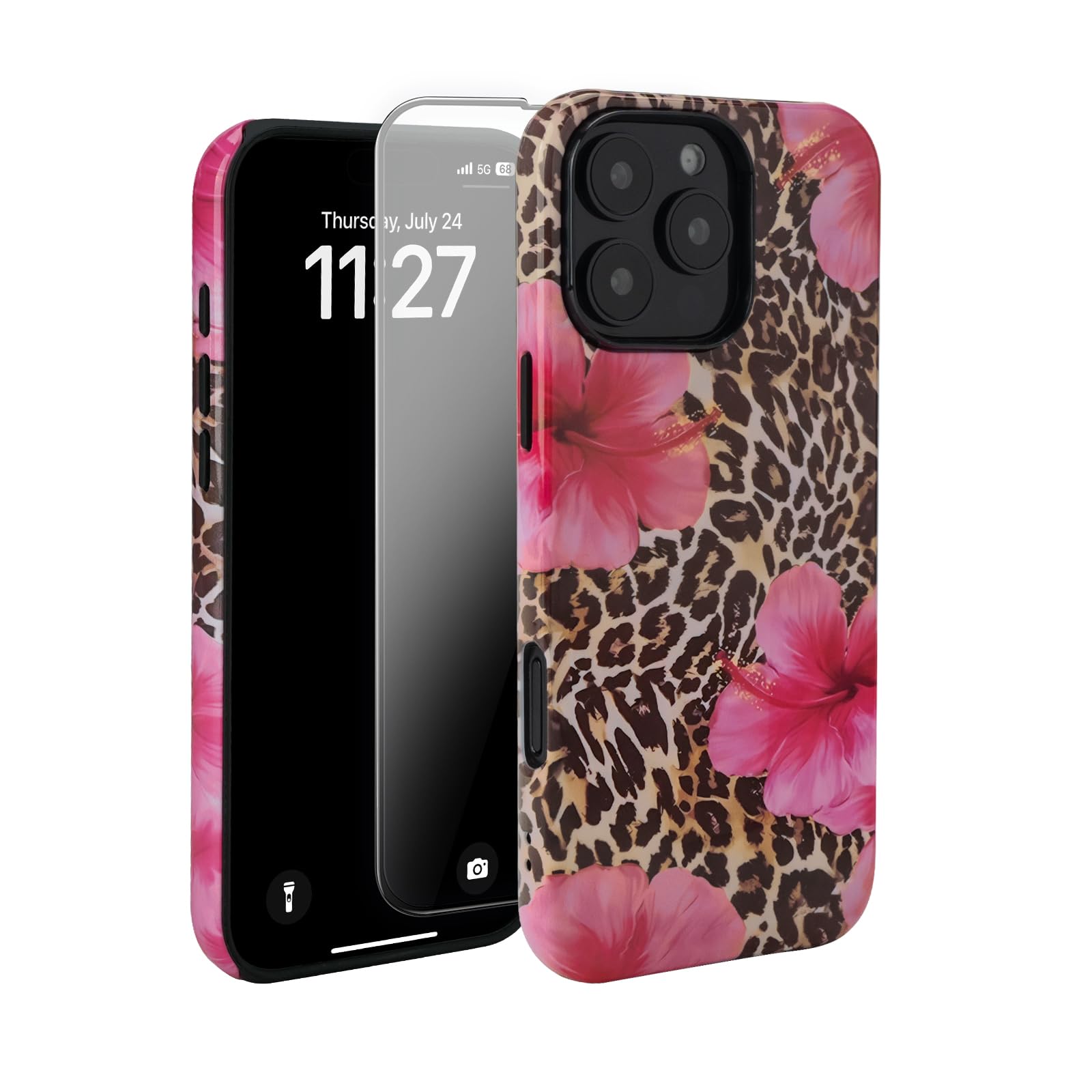 Vamlo Compatible with iPhone 16 Plus Case, Cute Leopard Pink Hibiscus Tropical Floral Pattern Phone Case with HD Screen Protector Silicone Shockproof