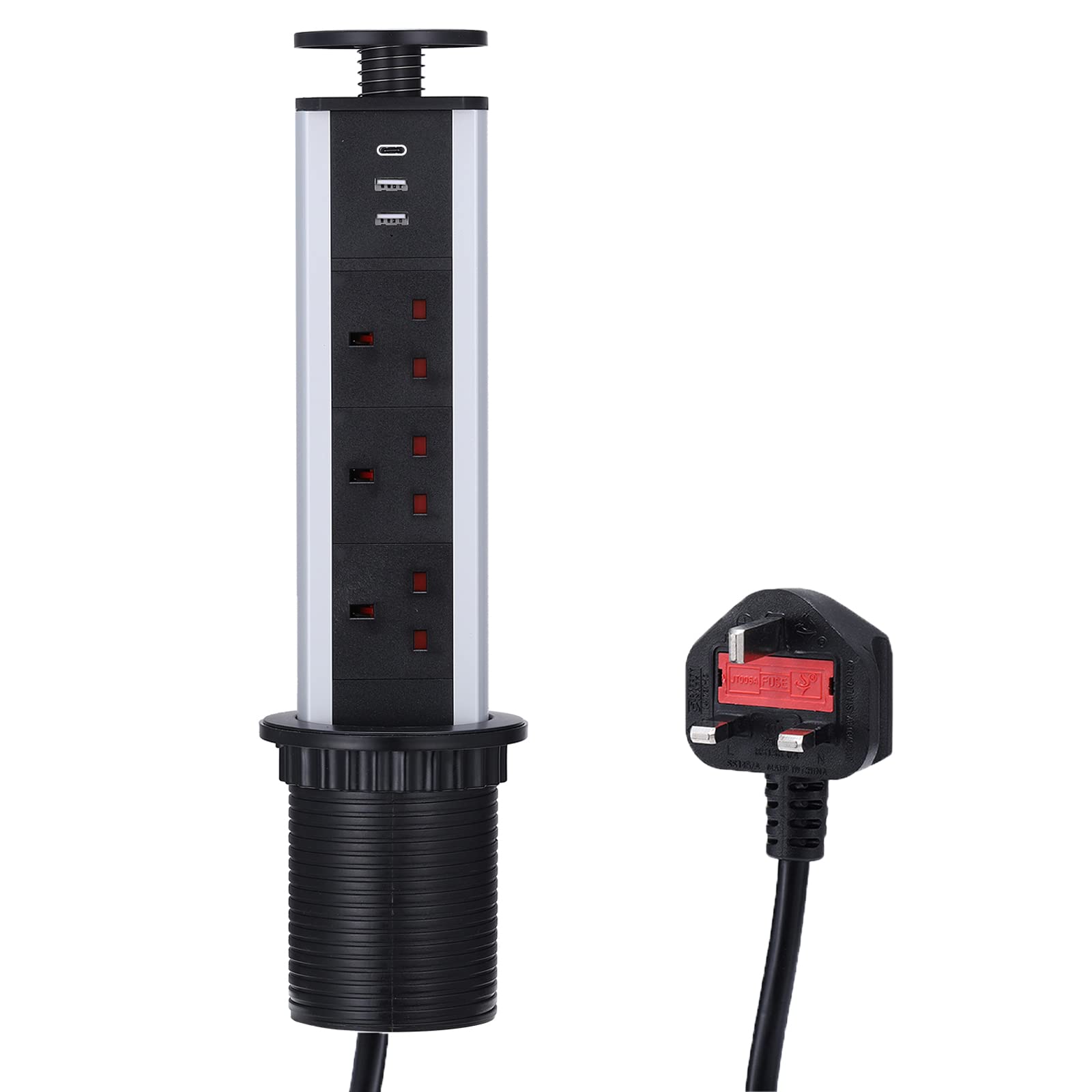 Pop Up Sockets for Kitchen Worktops with USB C and 2 USB Charging Slots 2M for Home Office Desktop Kitchen - Chrome