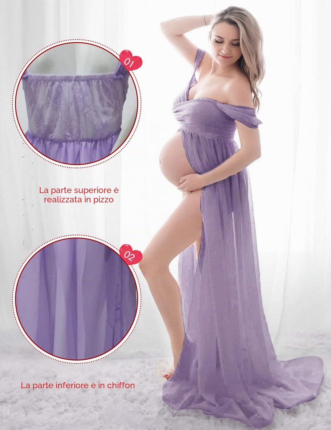 FEOYA-Abito Premaman con Spalle Scoperte Fotografia da Donna Abito Sexy in Gravidanza in Chiffon per Servizio Fotografico Gonne Traspiranti Estive con Spacco sul Davanti Maxi Abito Lungo