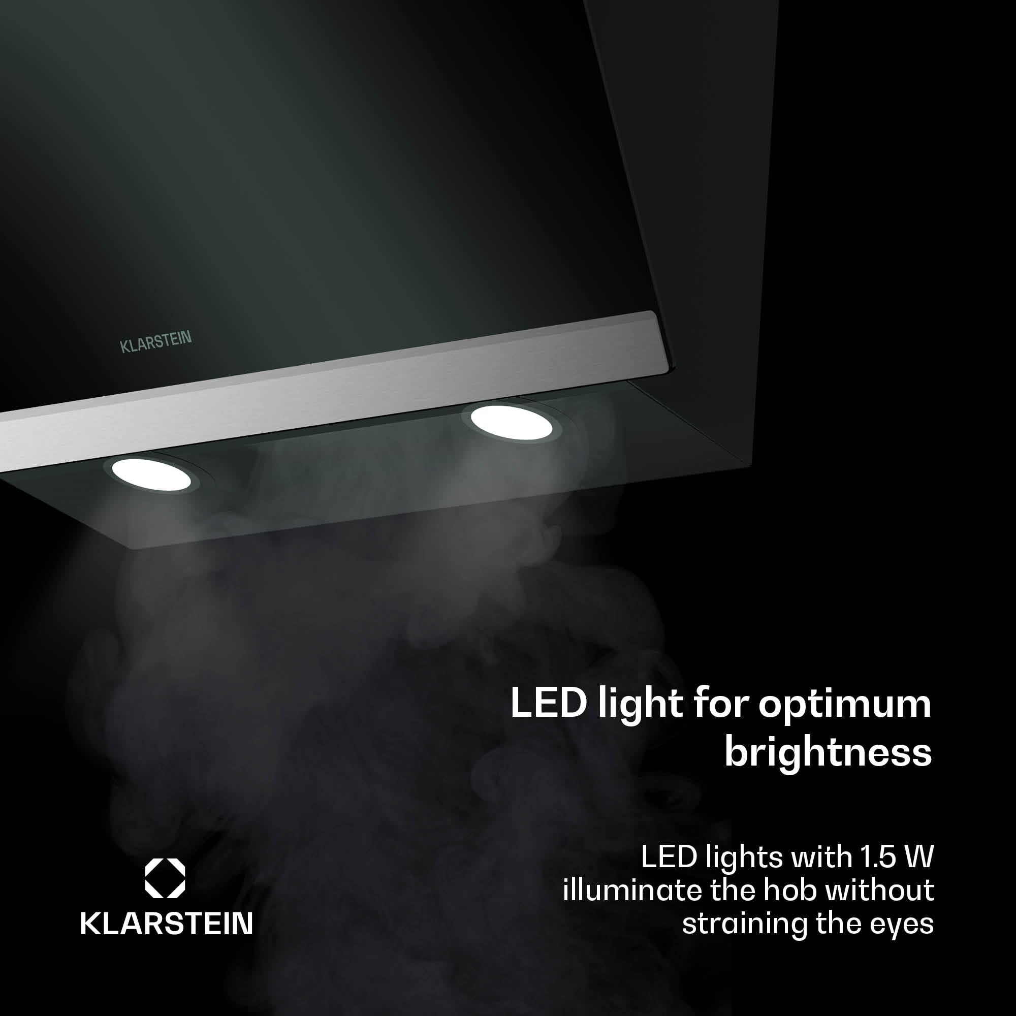 Klarstein FlashLine Okap kuchenny – Okap skośny 60 cm, Ekran dotykowy, 578 m³/h, Klasa energetyczna A++, Oświetlenie LED, cichy 34,5 dB, Czarny, Tryb wyciągu i recyrkulacji