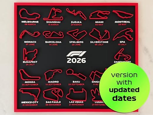 F1 2026 Season Calendar – Formula 1 Wall & Desk Frame with Venues, Tracks and Grand Prix Schedule – Premium Motorsport Dec...