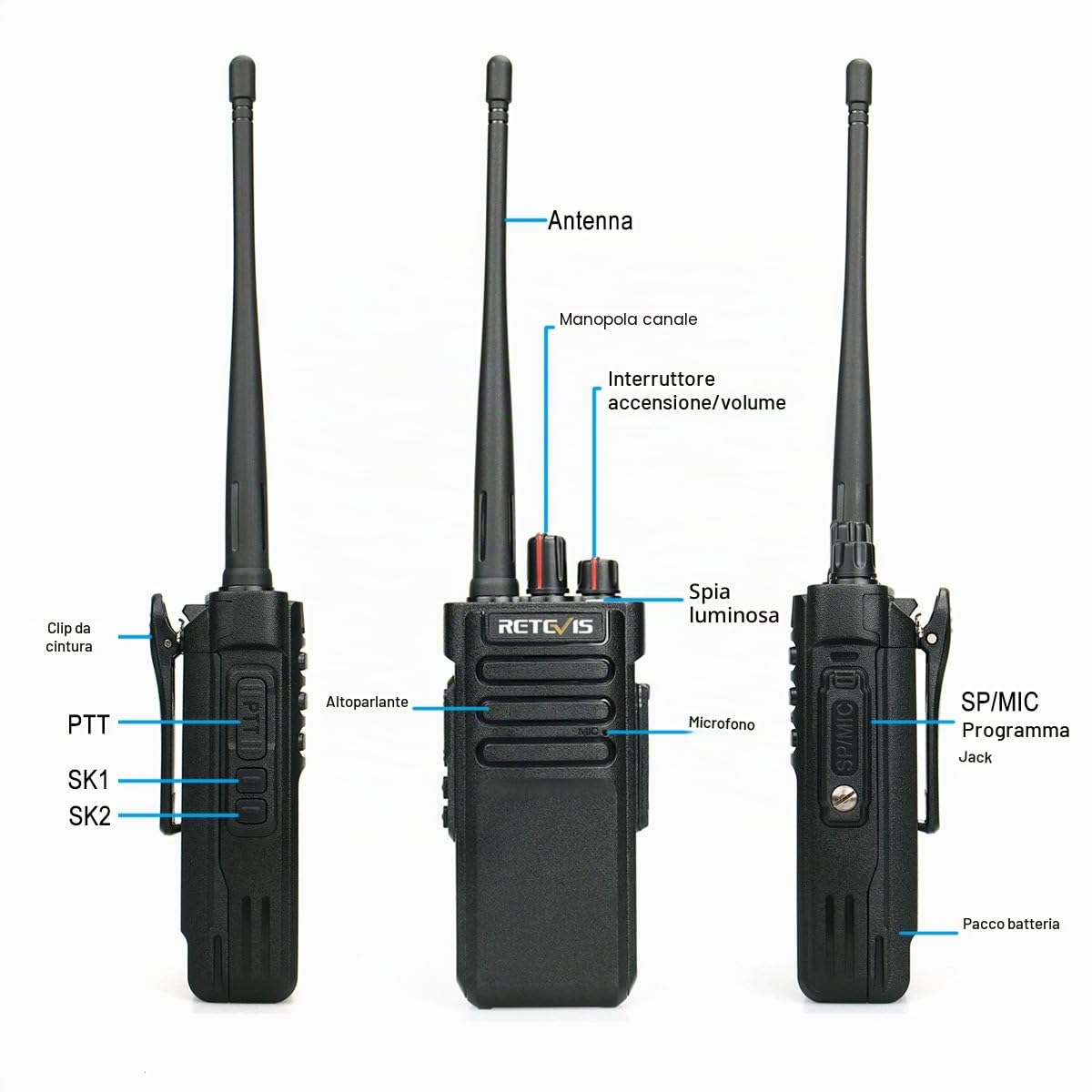 Retevis RT29 Walkie Talkie Lungo Raggio, Professionali Ricetrasmittenti Portatile con 3200 mAh, 16 Canali CTCSS/DCS VOX Ricaricabili Walkie-Talkie per Caccia, Sicurezza (Nero, 2 Pezzi) | 3200 mAh, 16 Canali CTCSS DCS VOX Ricaricabili Walkie-Talkie per Cac