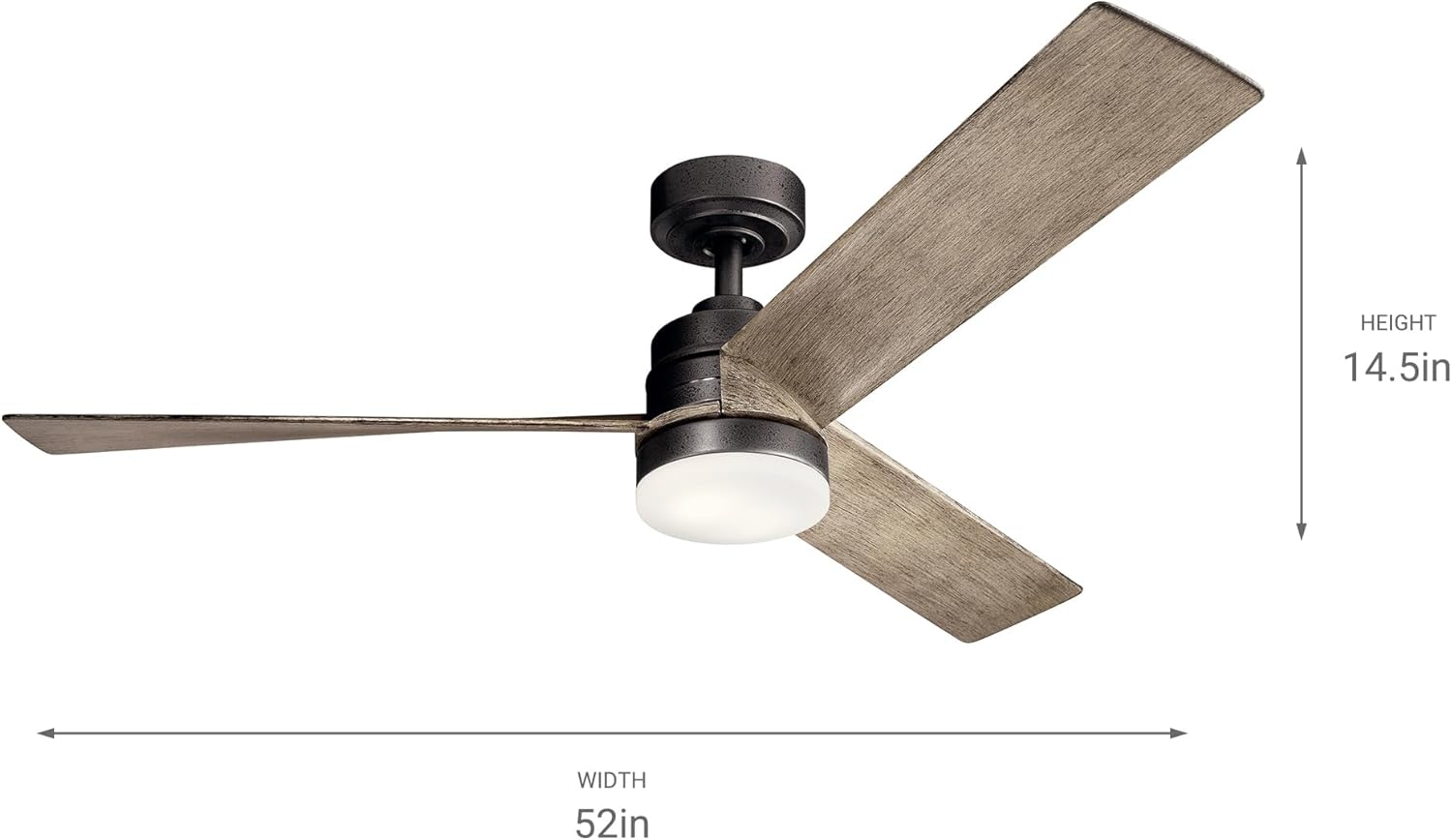 Kichler Spyn 52" Ceiling Fan with LED Lights in Anvil Iron, 3-Blade Contemporary Industrial Ceiling Fan, 3000K, Included Wall Control, (52" W x 14.5" H), 300275AVI