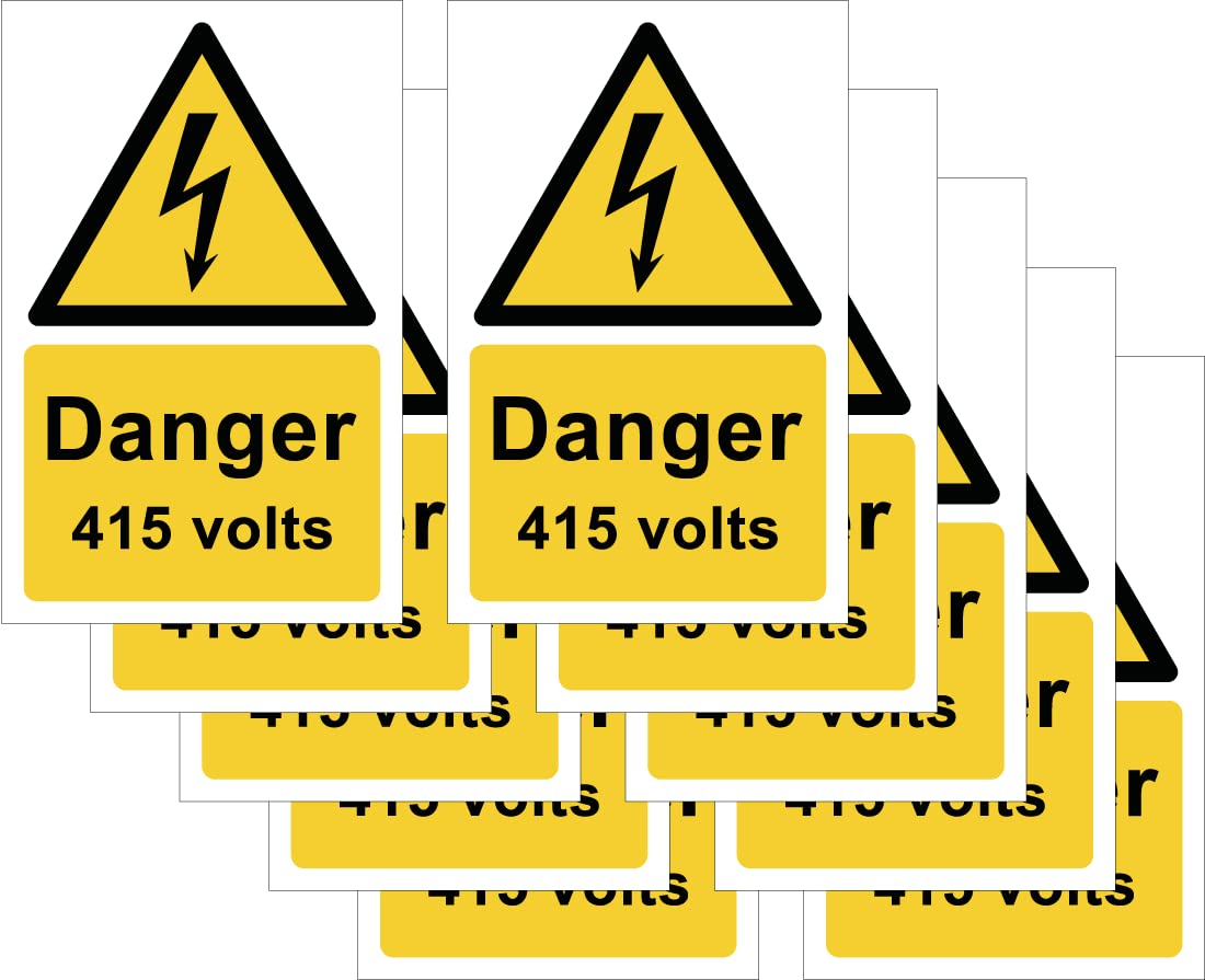 Pack of 10 self adhesive vinyl safety signs 90mm x 140mm - Danger 415 volts