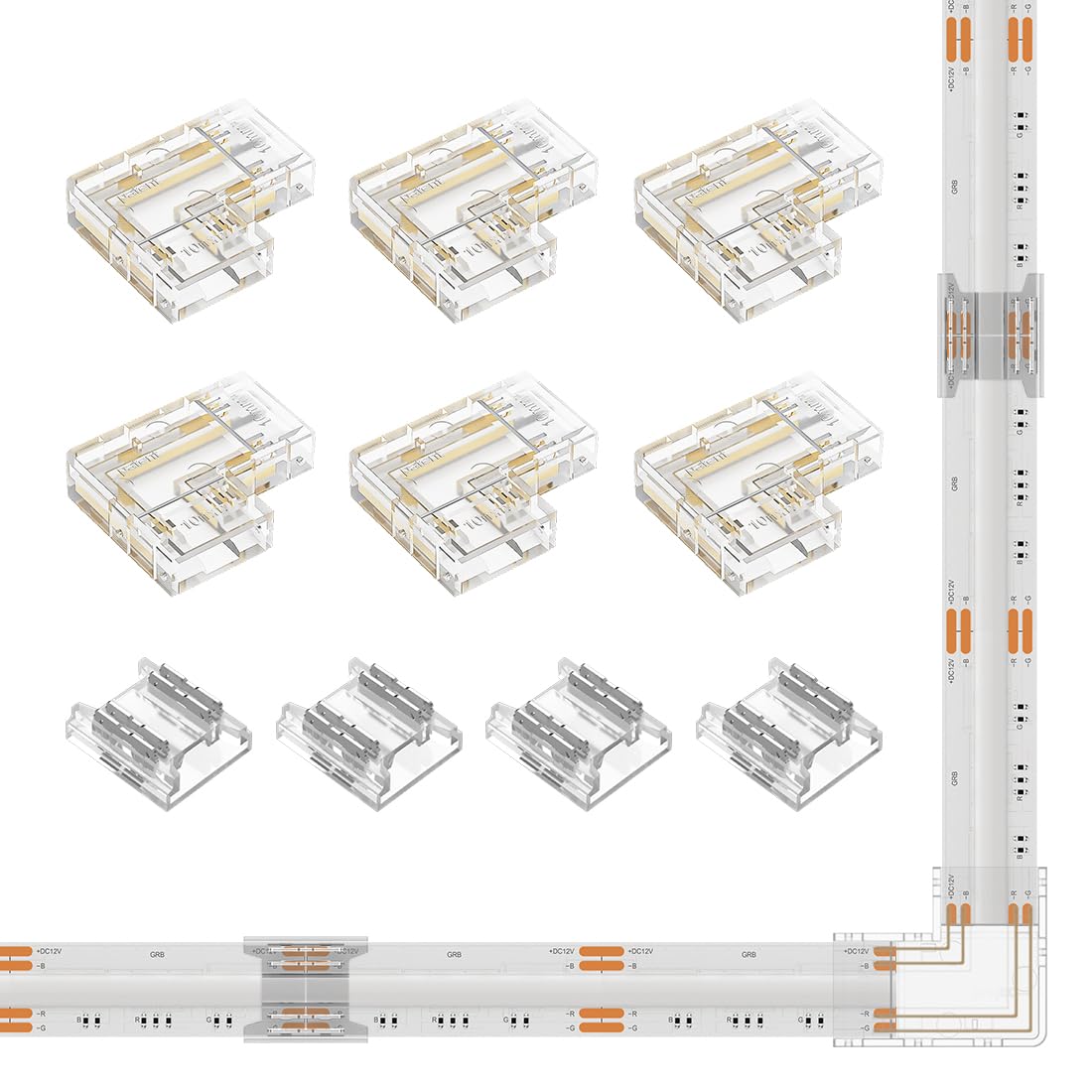 BTF-LIGHTING COB 10mm/0.39in Width LED Connector Kit 6Pcs 4 Pin Transparent Gapless L-Shaped 4Pcs 4Pin Strip to Strip Connectors for PWM FCOB RGB(+ R G B) LED Lights