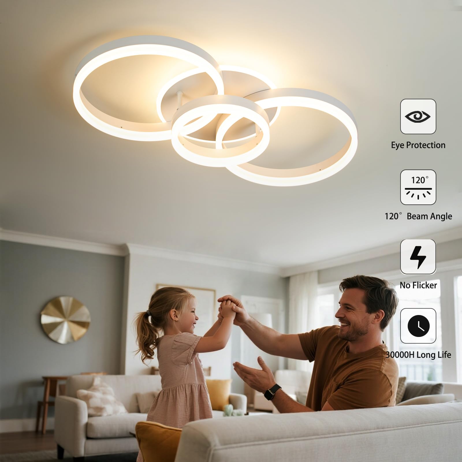 Deckenleuchte Dimmbar mit Fernbedienung 65cm | 50W Moderne 3 Ring-Design LED Deckenlampe für Wohnzimmer Schlafzimmer Küche | Nachtlicht, Memory-Funktion - Weiß
