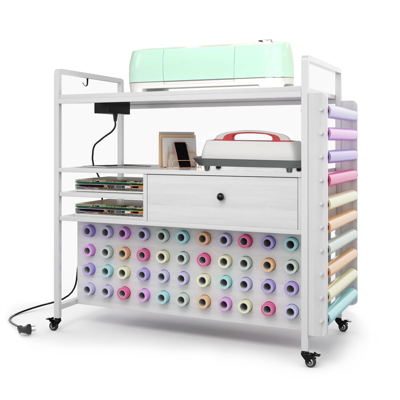 SEPTBOT Craft Organization & Storage Compatible with Cricut Machines, Rolling Organizer with Power Outlet, Large Drawer & 54 Vinyl Roll Holder, Craft Cart Cabinet Table Workstation